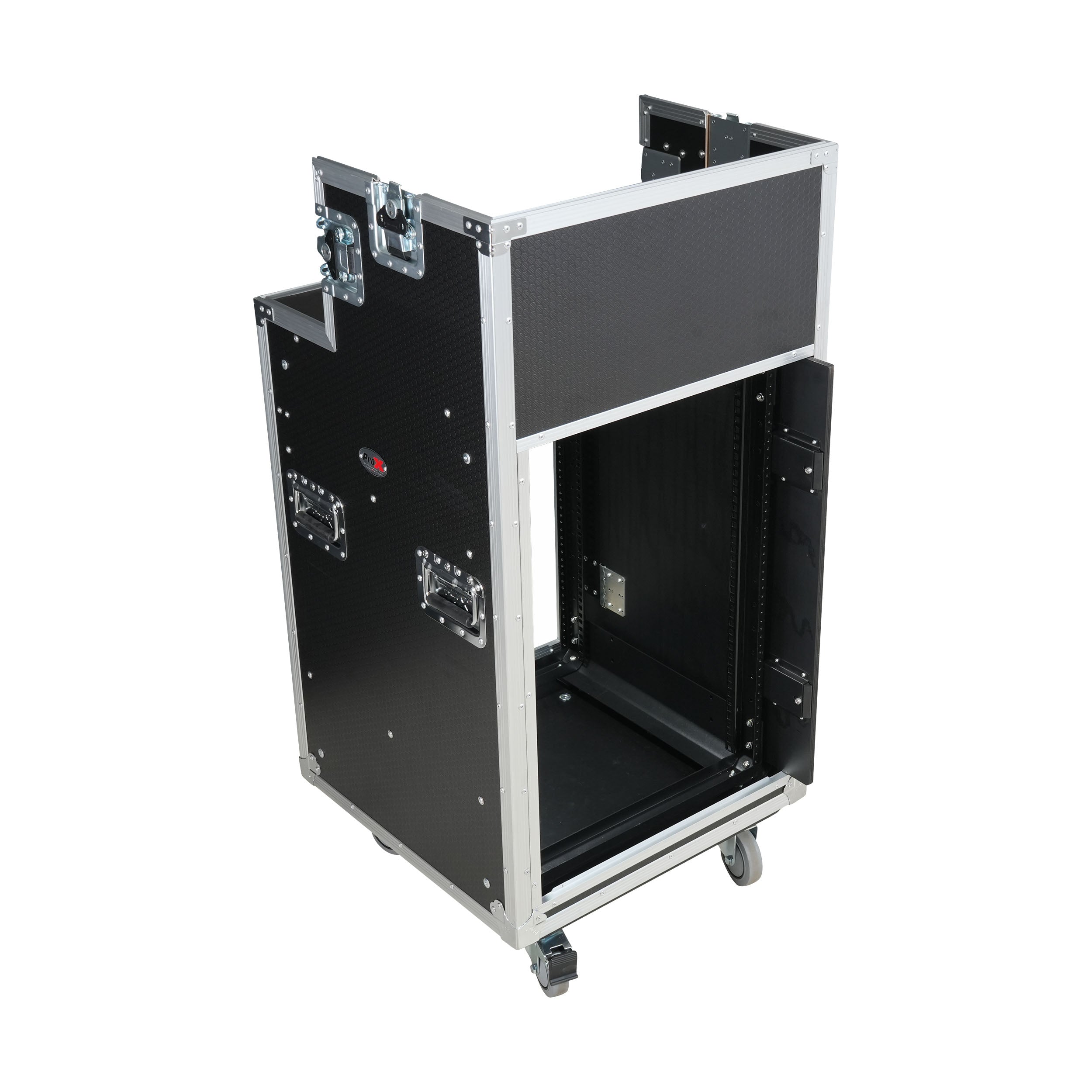 ProX 16U Shockmount Slam Door Rack Flight Case with Integrated Console Compartment, Sliding Doors and Casters for AV Production