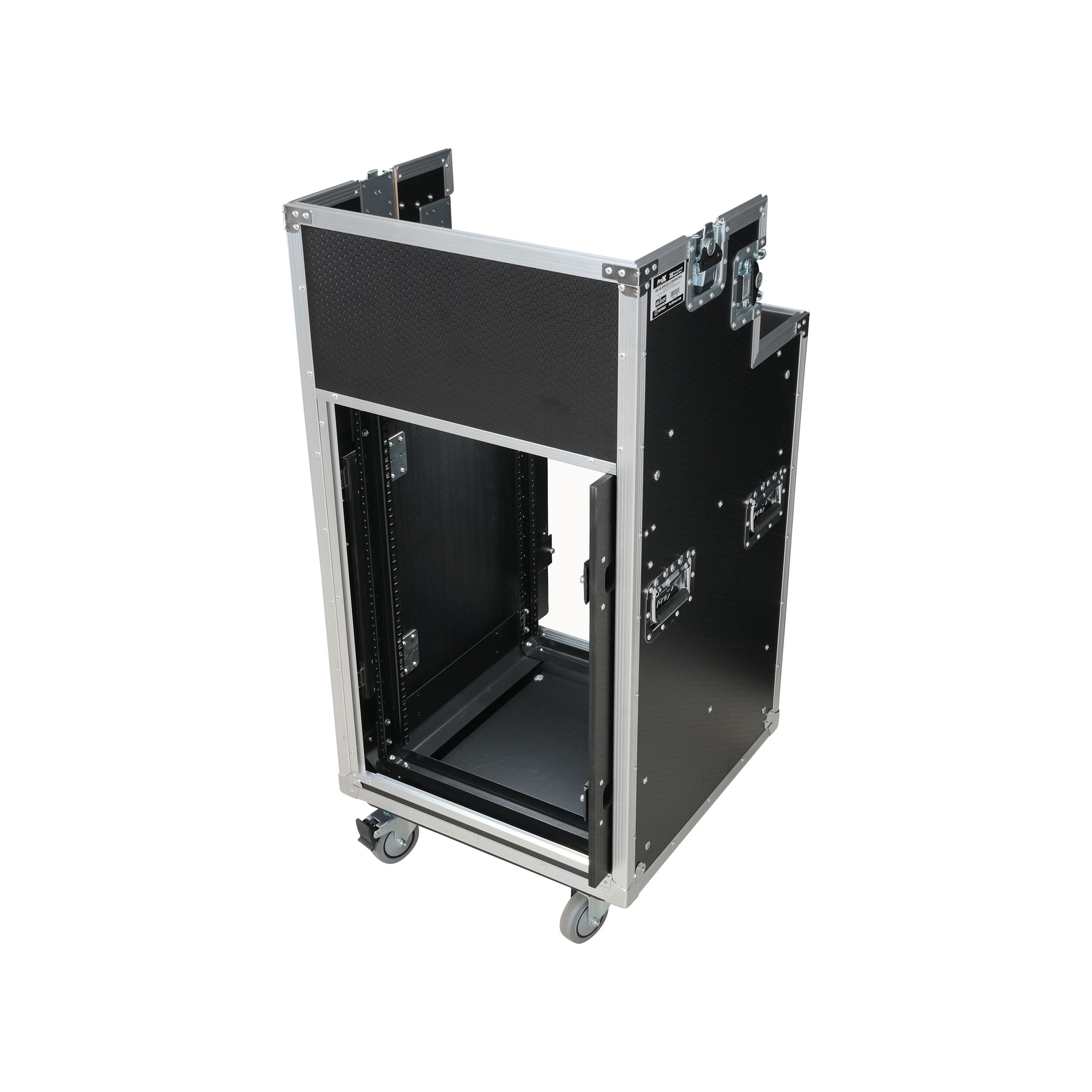 ProX 16U Shockmount Slam Door Rack Flight Case with Integrated Console Compartment, Sliding Doors and Casters for AV Production