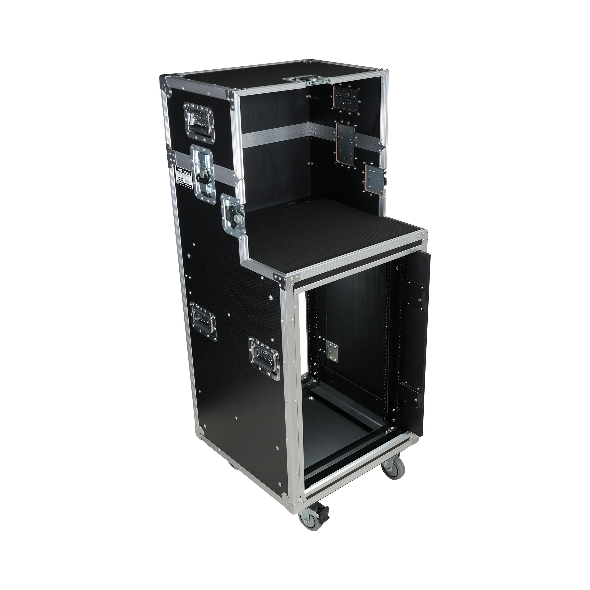 ProX 16U Shockmount Slam Door Rack Flight Case with Integrated Console Compartment, Sliding Doors and Casters for AV Production