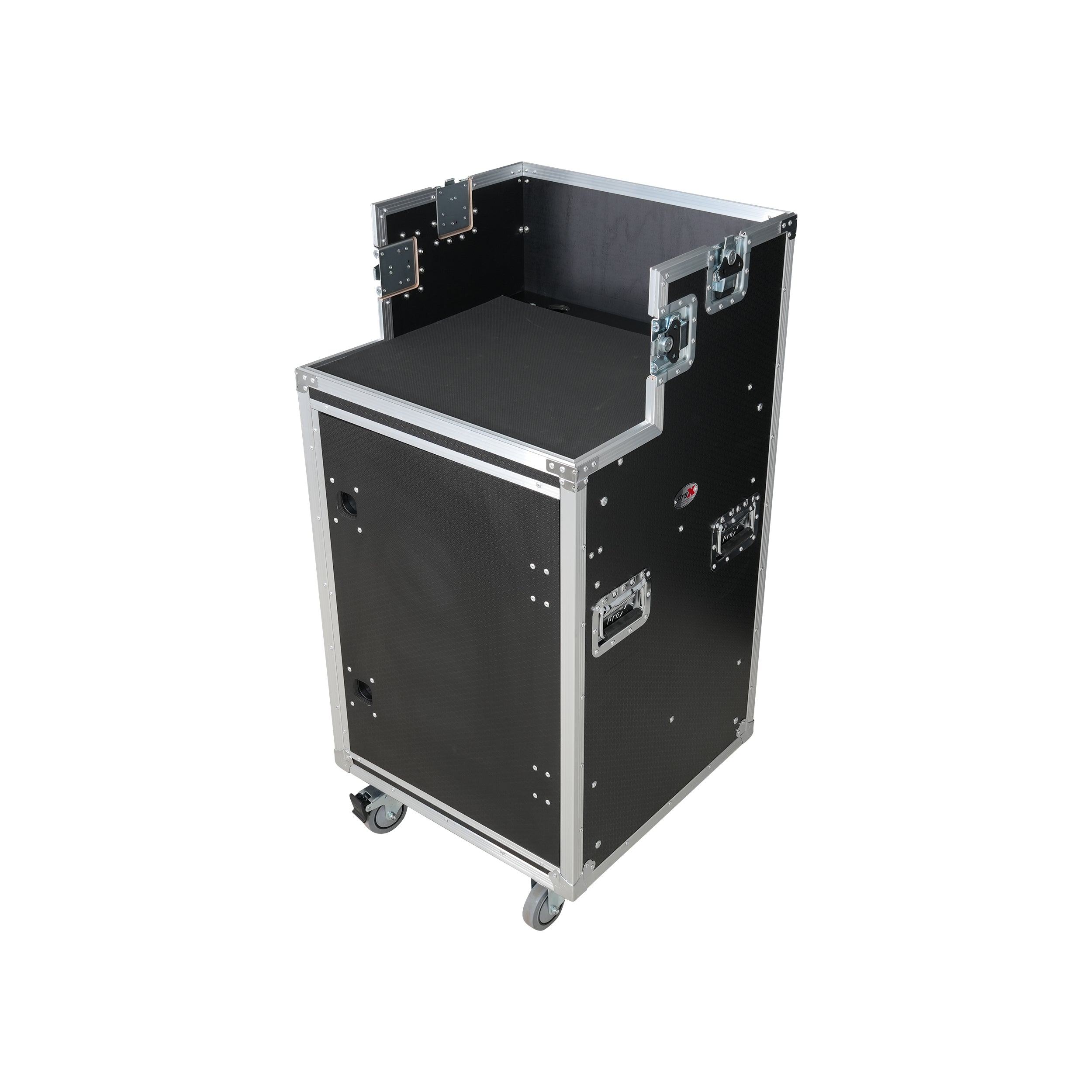 ProX 16U Shockmount Slam Door Rack Flight Case with Integrated Console Compartment, Sliding Doors and Casters for AV Production