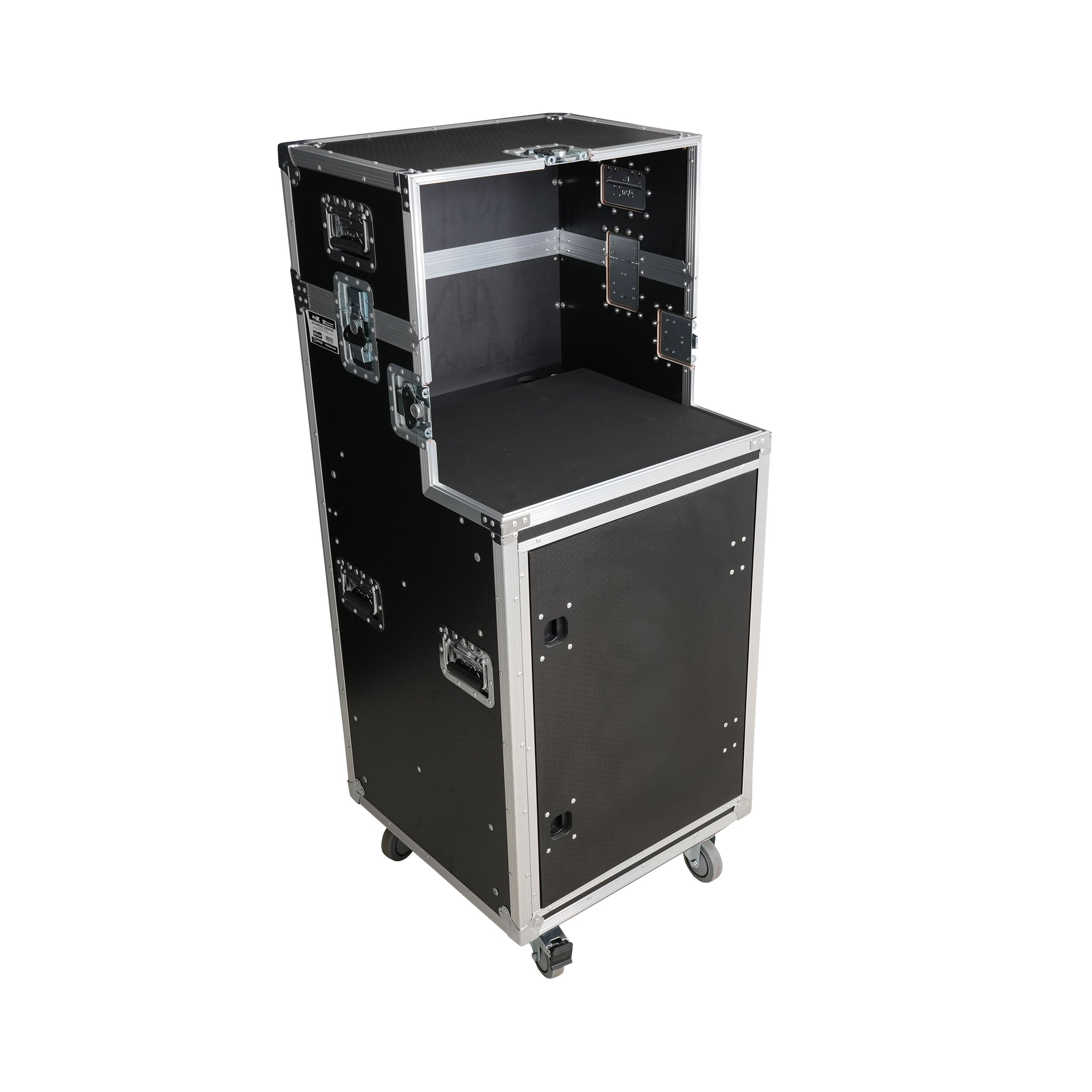 ProX 16U Shockmount Slam Door Rack Flight Case with Integrated Console Compartment, Sliding Doors and Casters for AV Production