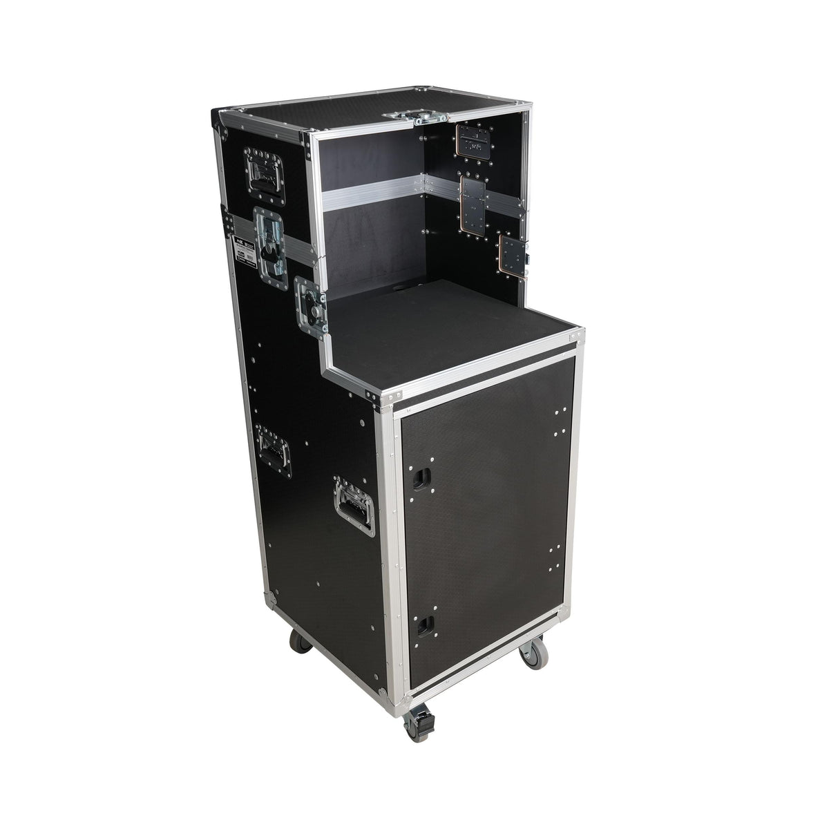 ProX 16U Shockmount Slam Door Rack Flight Case with Integrated Console Compartment, Sliding Doors and Casters for AV Production.