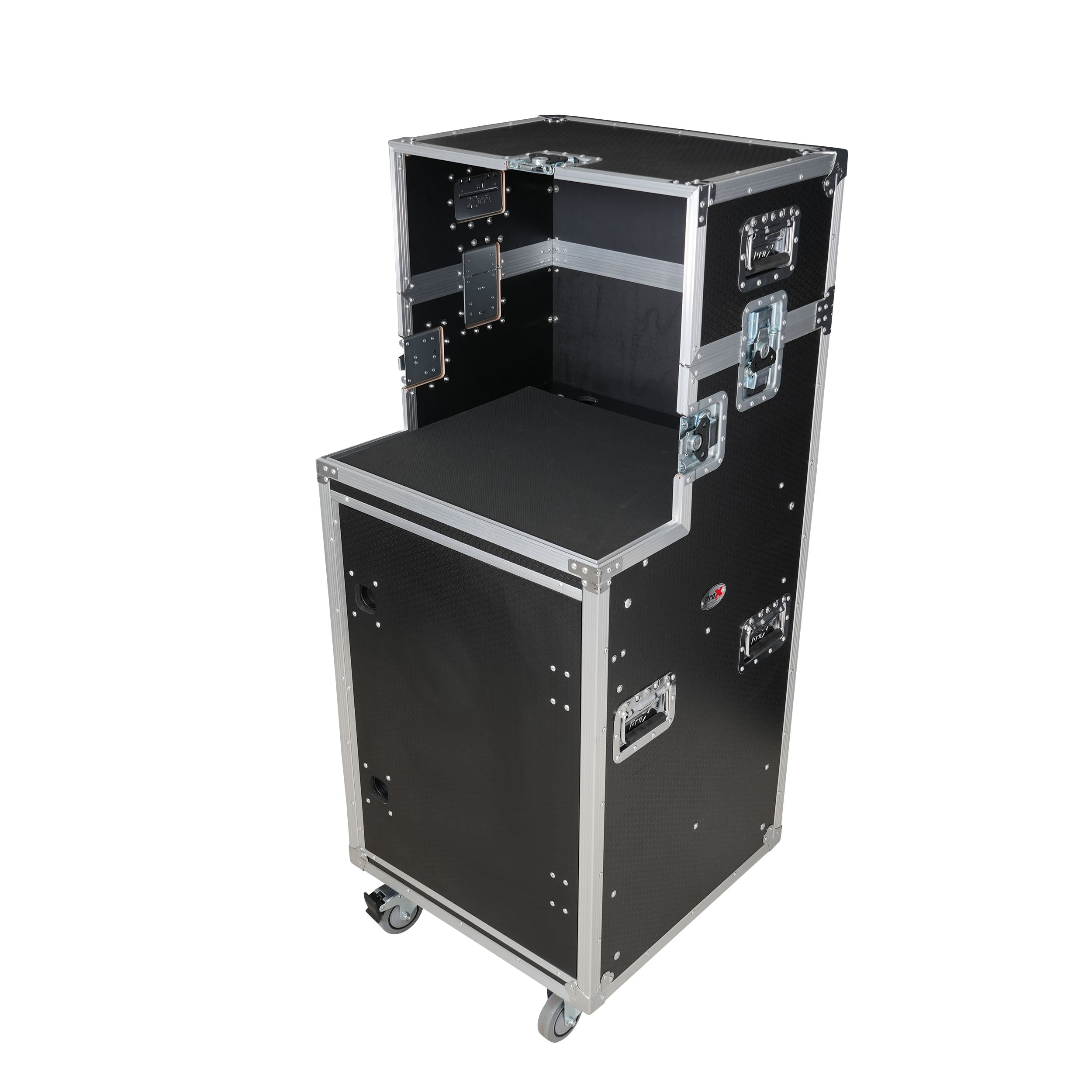 ProX 16U Shockmount Slam Door Rack Flight Case with Integrated Console Compartment, Sliding Doors and Casters for AV Production