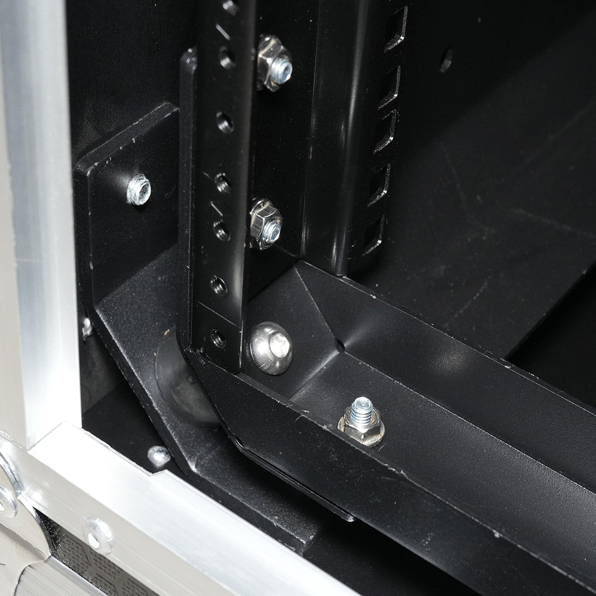 ProX 16U Shockmount Slam Door Rack Flight Case with Integrated Console Compartment, Sliding Doors and Casters for AV Production.