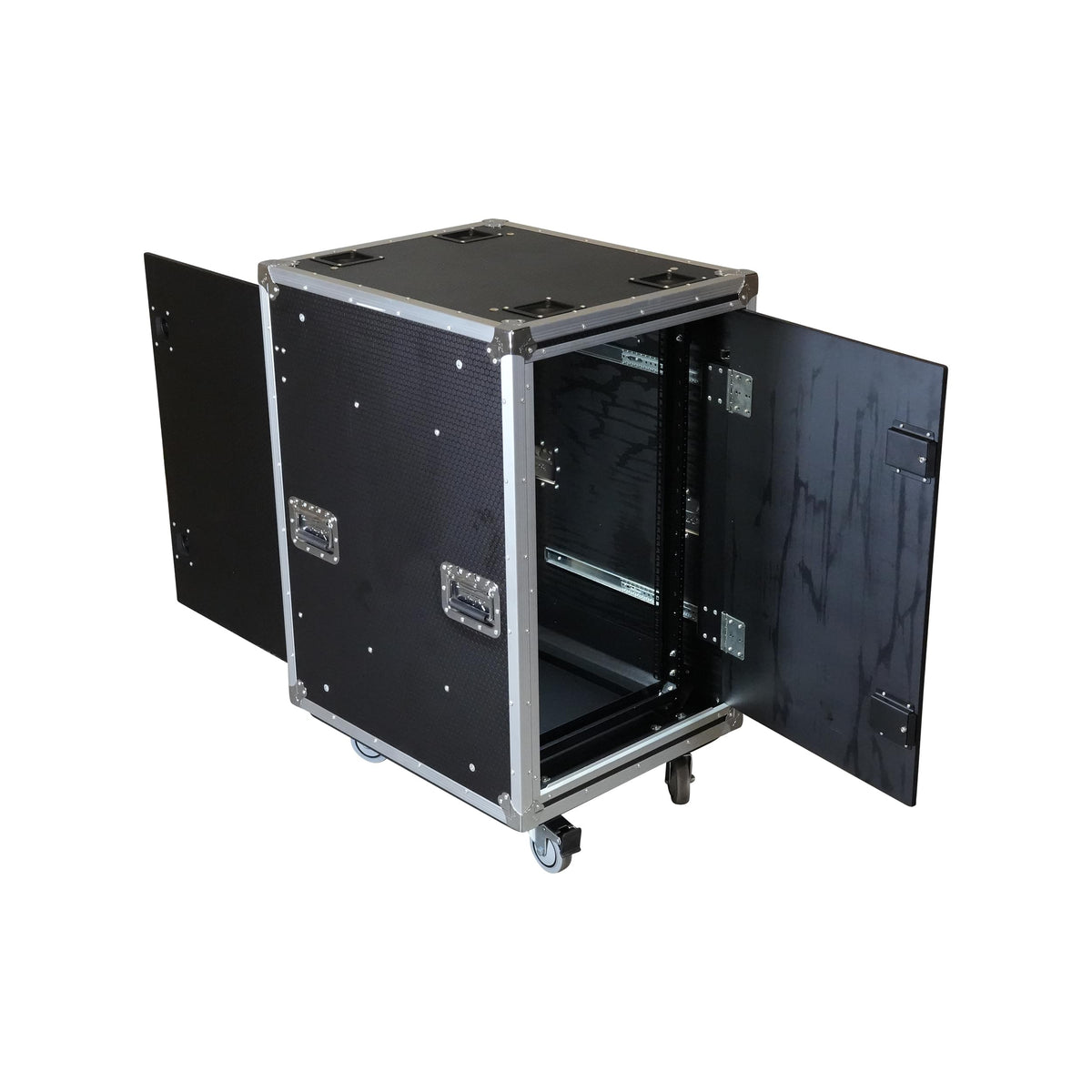 ProX 18U 20" Deep Vertical Rack to Rack Shock Mount Case with 2 Sliding Slam Doors & 4" Caster Wheels.