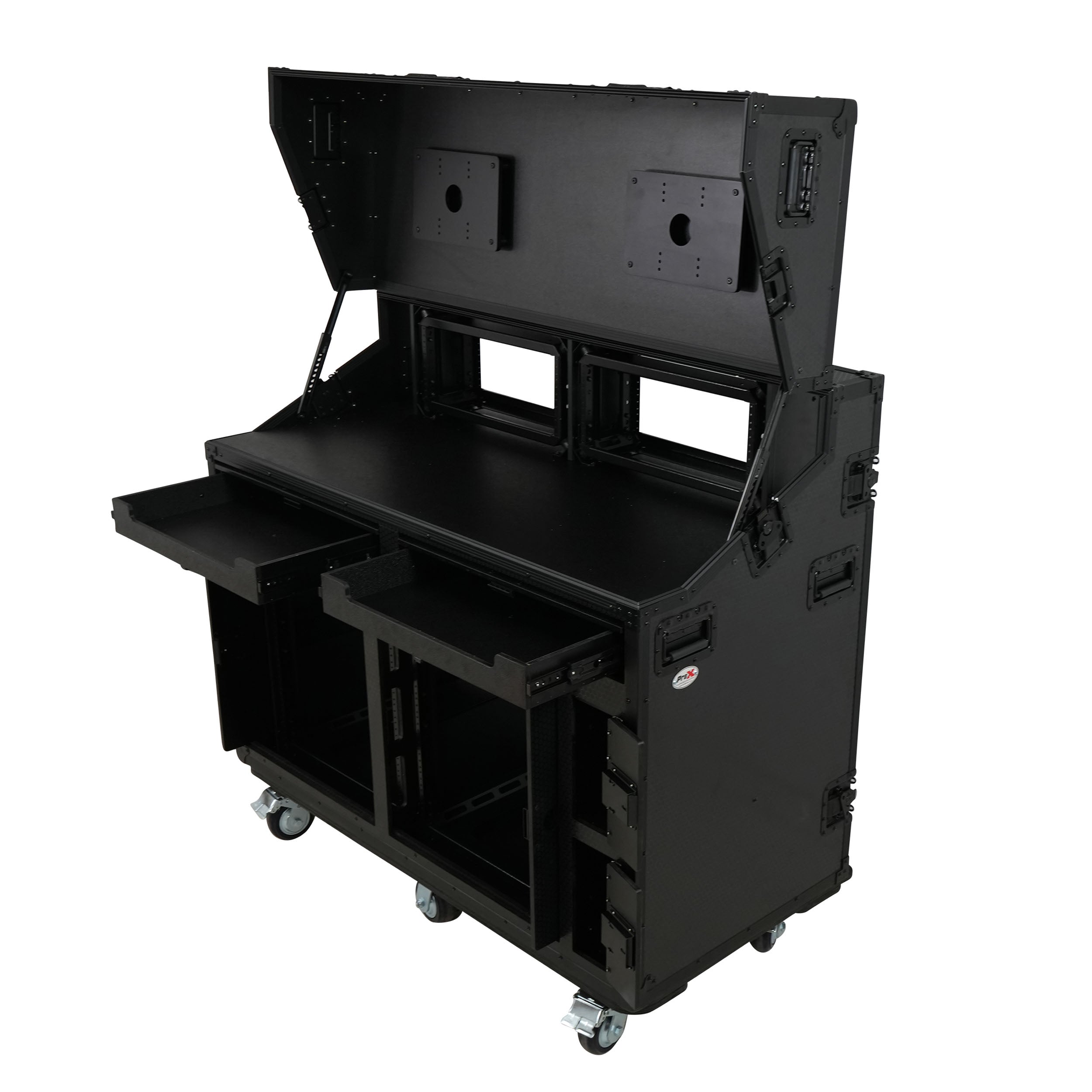 ProX PRADO Mobile AV Broadcasting Streaming Recording Studio Workstation Case with 2x 4U Top 2x 12U Bottom Front Slamr Door All Black