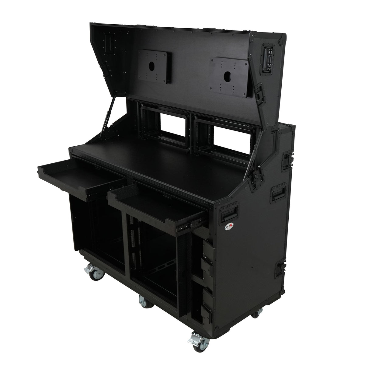 ProX PRADO Mobile AV Broadcasting Streaming Recording Studio Workstation Case with 2x 4U Top 2x 12U Bottom Front Slamr Door All Black.