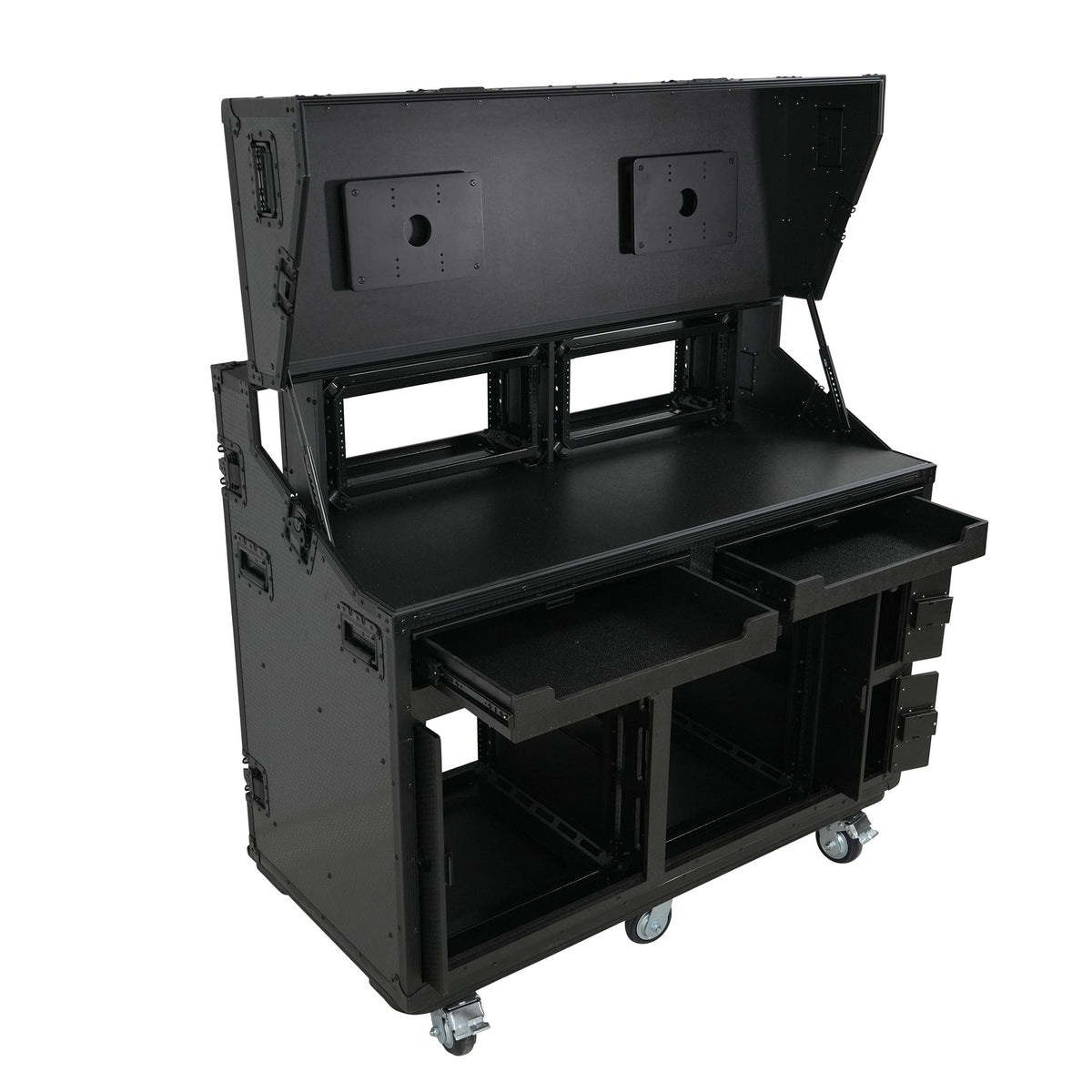 ProX PRADO Mobile AV Broadcasting Streaming Recording Studio Workstation Case with 2x 4U Top 2x 12U Bottom Front Slamr Door All Black.