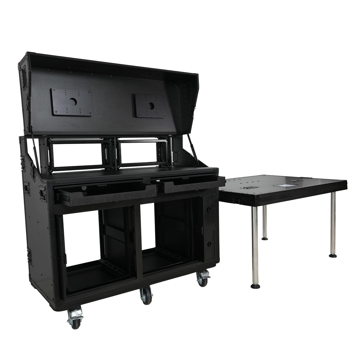 ProX PRADO Mobile AV Broadcasting Streaming Recording Studio Workstation Case with 2x 4U Top 2x 12U Bottom Front Slamr Door All Black.
