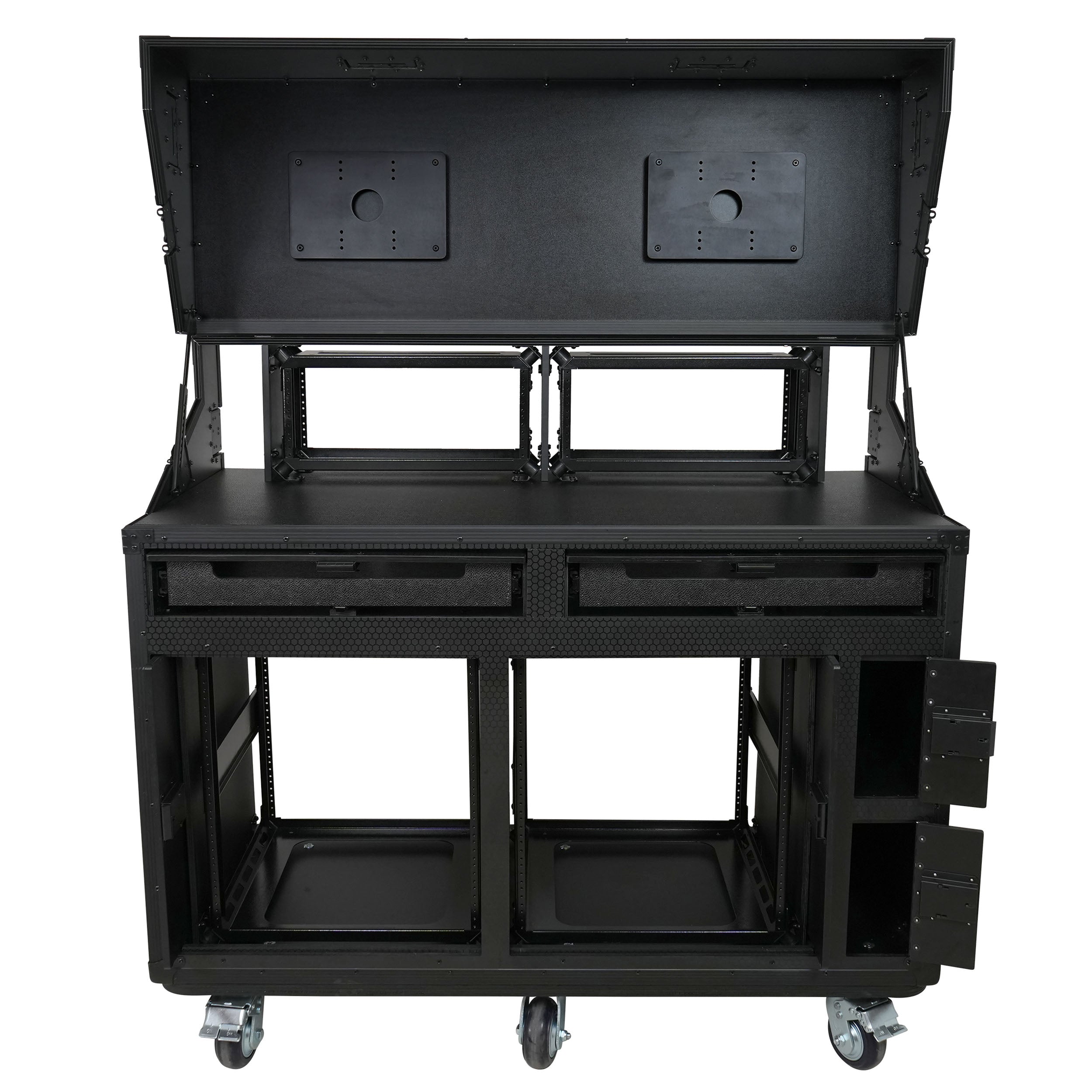 ProX PRADO Mobile AV Broadcasting Streaming Recording Studio Workstation Case with 2x 4U Top 2x 12U Bottom Front Slamr Door All Black