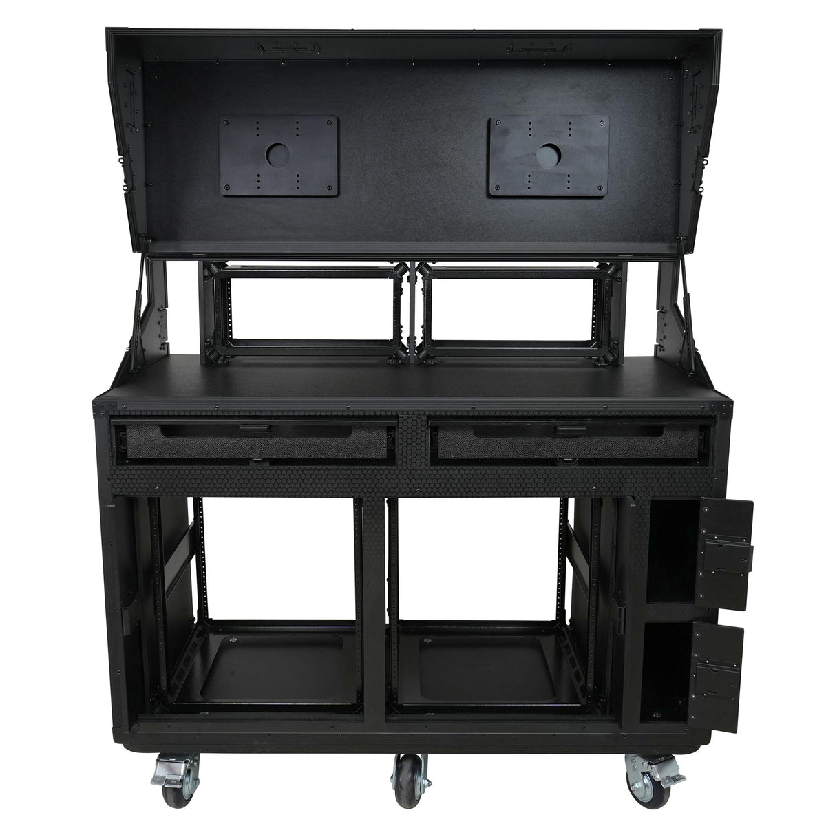 ProX PRADO Mobile AV Broadcasting Streaming Recording Studio Workstation Case with 2x 4U Top 2x 12U Bottom Front Slamr Door All Black.