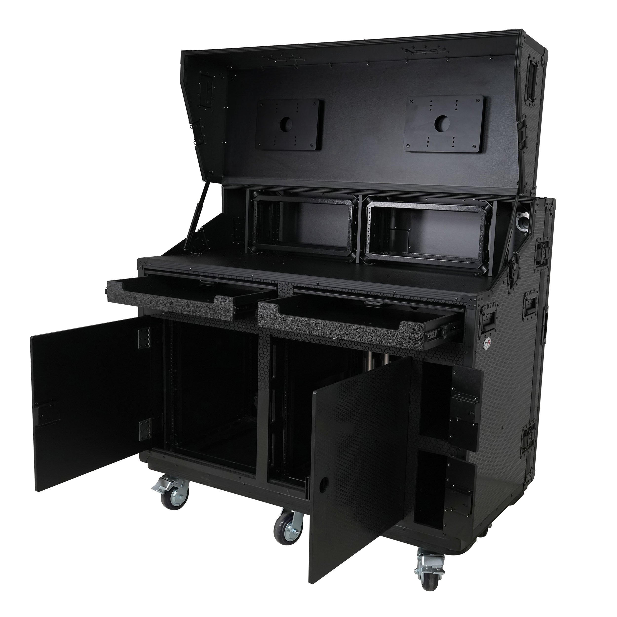 ProX PRADO Mobile AV Broadcasting Streaming Recording Studio Workstation Case with 2x 4U Top 2x 12U Bottom Front Slamr Door All Black