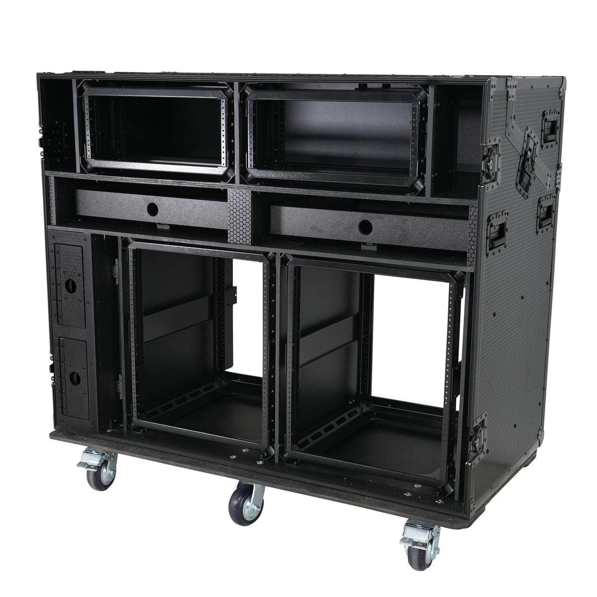 ProX PRADO Mobile AV Broadcasting Streaming Recording Studio Workstation Case with 2x 4U Top 2x 12U Bottom Front Slamr Door All Black.