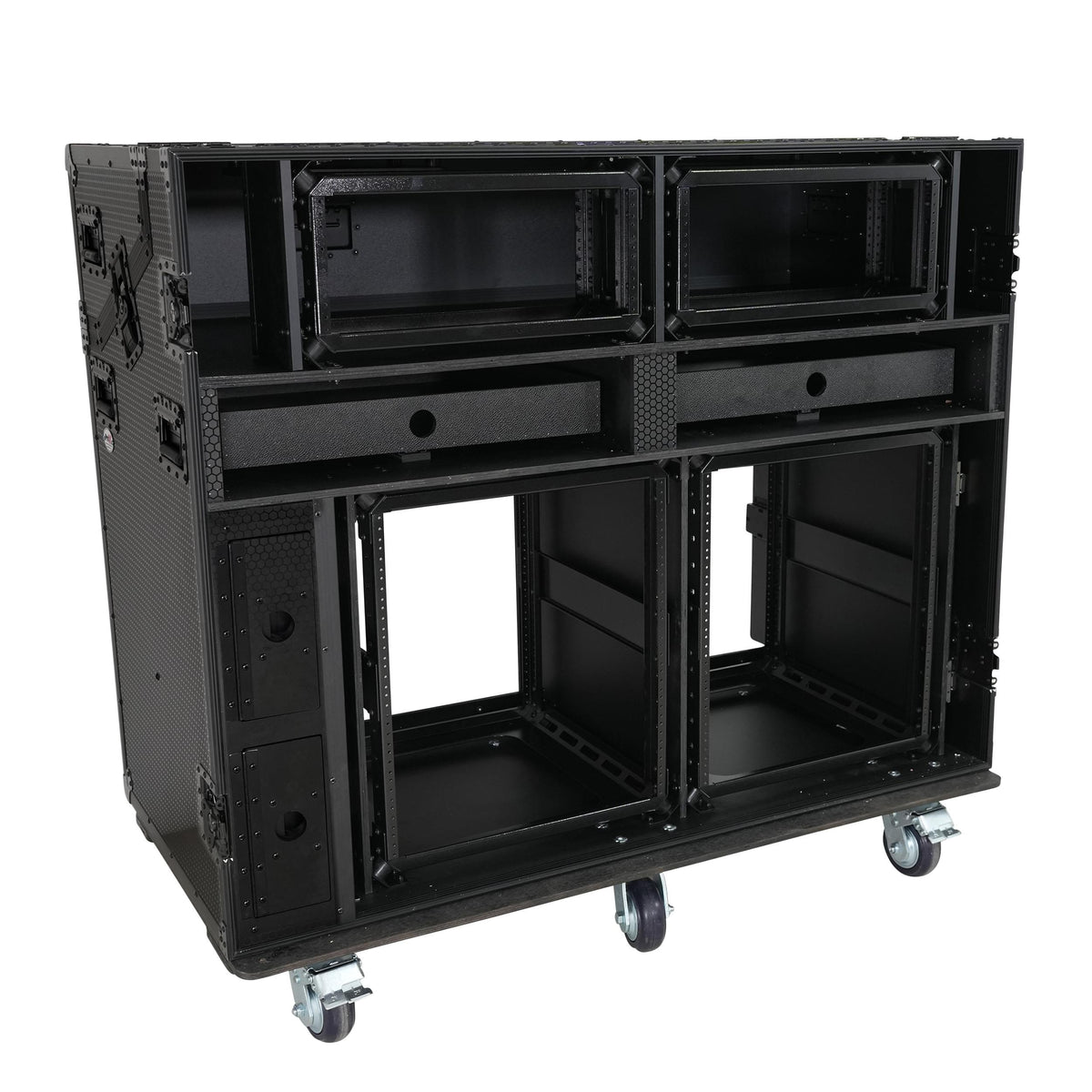 ProX PRADO Mobile AV Broadcasting Streaming Recording Studio Workstation Case with 2x 4U Top 2x 12U Bottom Front Slamr Door All Black.
