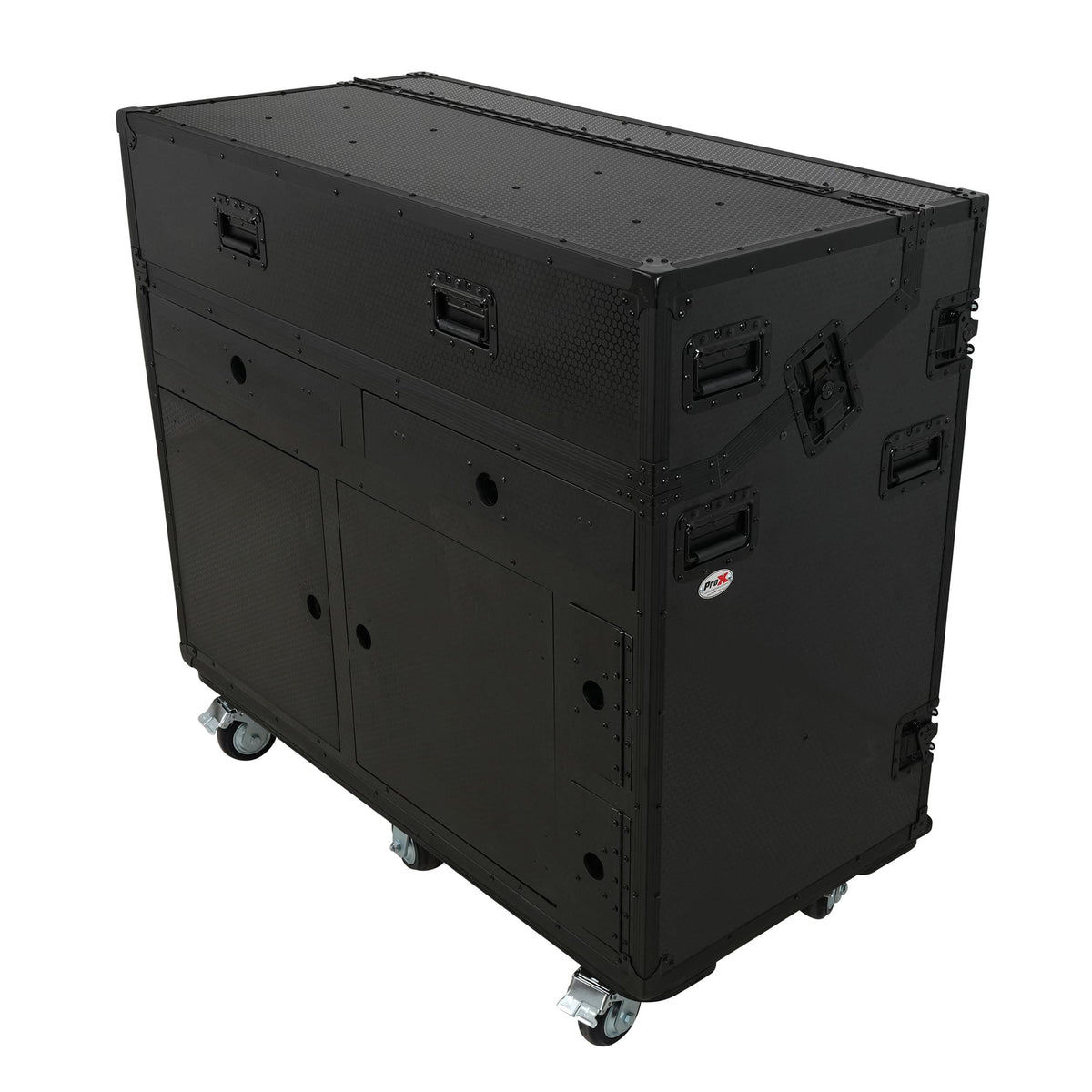 ProX PRADO Mobile AV Broadcasting Streaming Recording Studio Workstation Case with 2x 4U Top 2x 12U Bottom Front Slamr Door All Black.