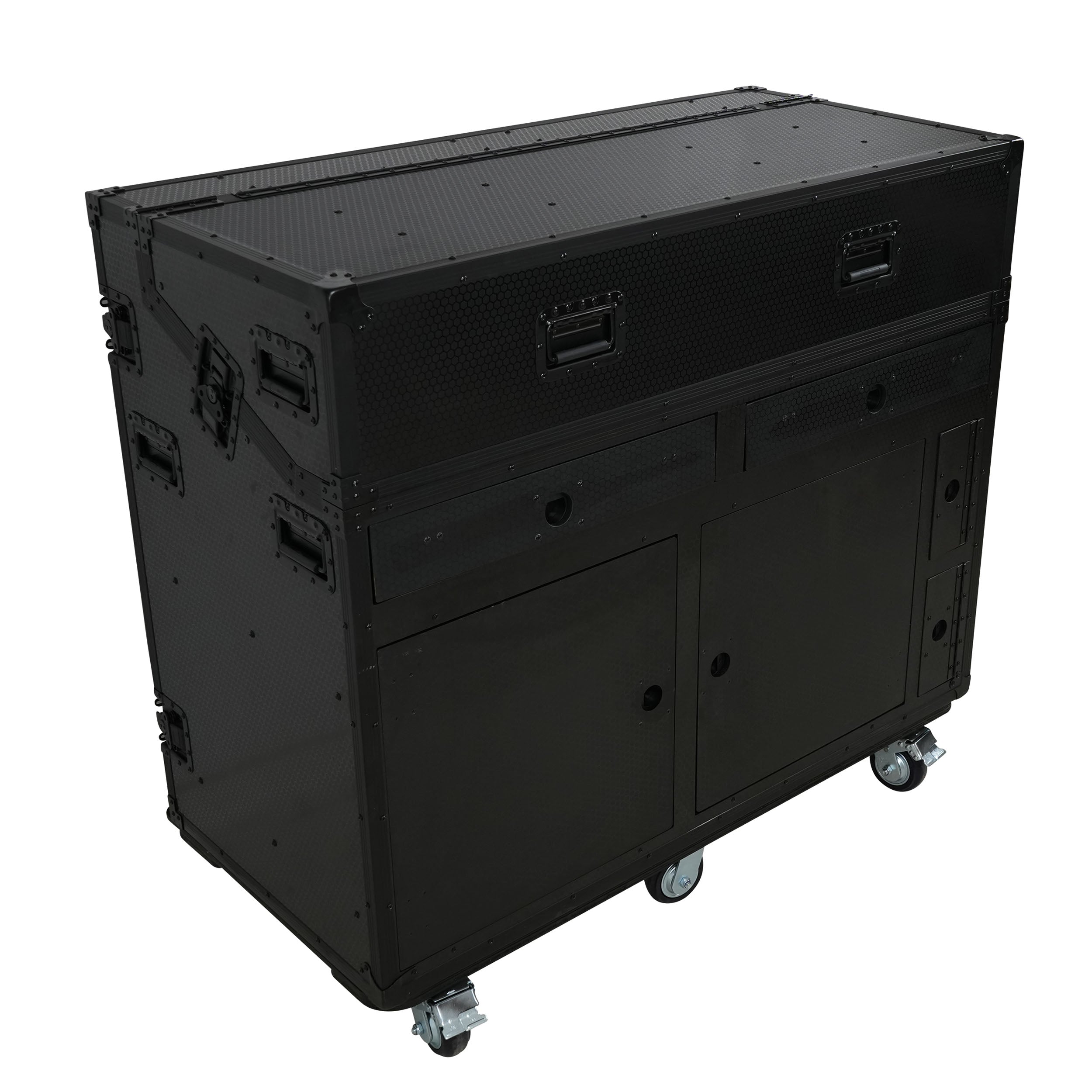 ProX PRADO Mobile AV Broadcasting Streaming Recording Studio Workstation Case with 2x 4U Top 2x 12U Bottom Front Slamr Door All Black