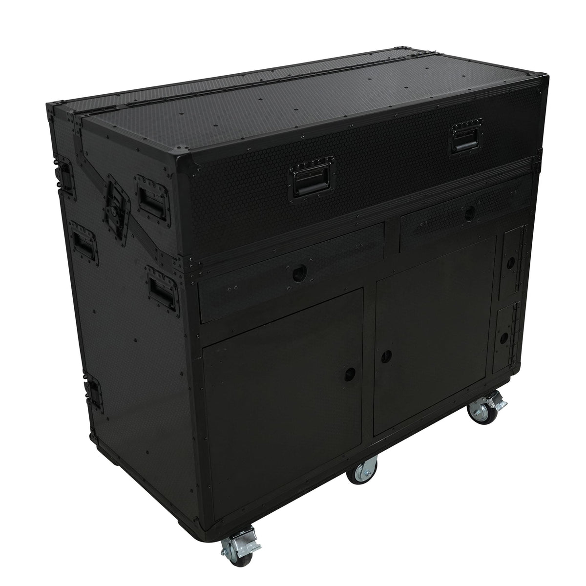 ProX PRADO Mobile AV Broadcasting Streaming Recording Studio Workstation Case with 2x 4U Top 2x 12U Bottom Front Slamr Door All Black.