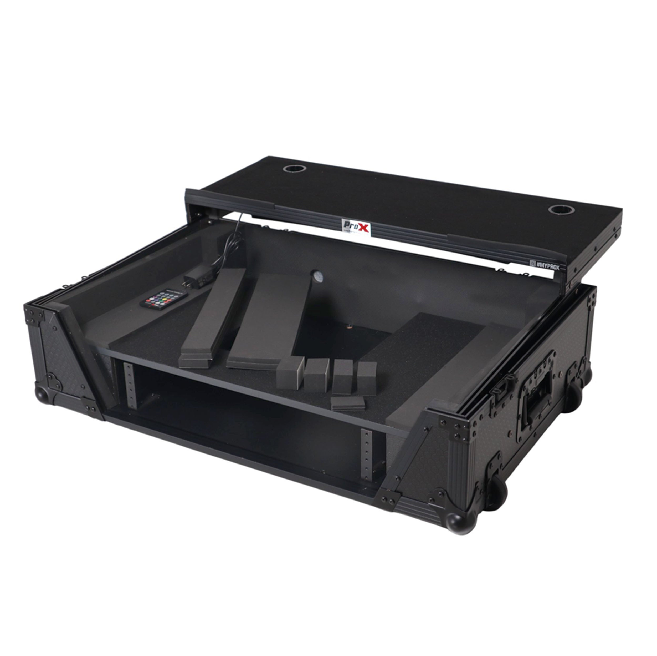 ProX 2U Flight Road Case For Pioneer DDJ-FLX10 REV5 REV7 DJ Controller with Laptop Shelf Wheels LED Black Finish