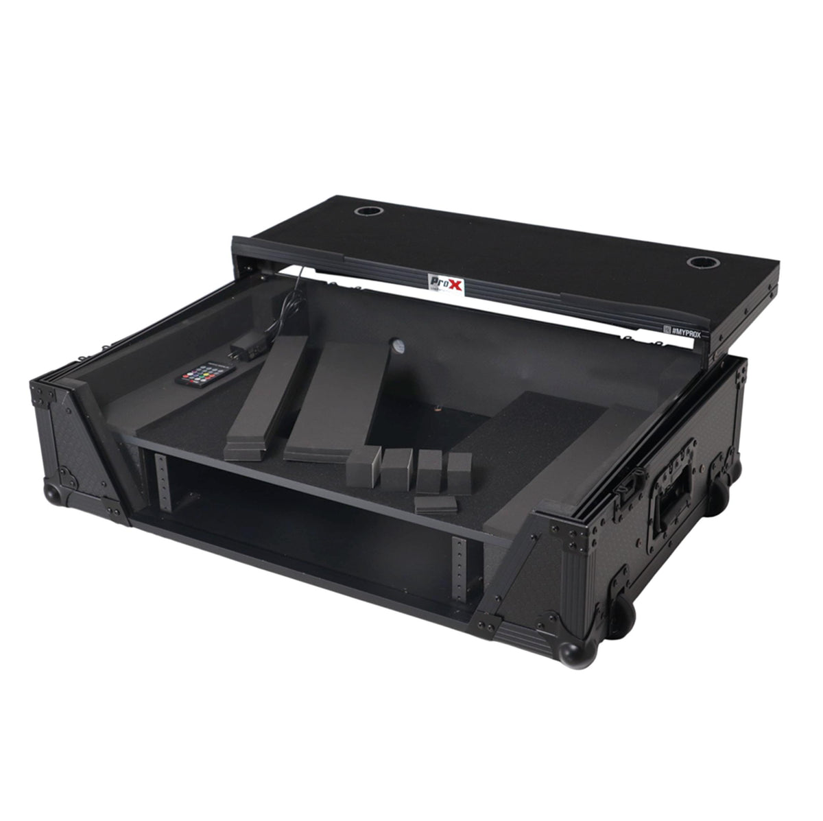 ProX 2U Flight Road Case For Pioneer DDJ-FLX10 REV5 REV7 DJ Controller with Laptop Shelf Wheels LED Black Finish.