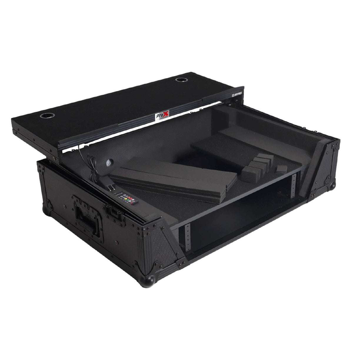 ProX 2U Flight Road Case For Pioneer DDJ-FLX10 REV5 REV7 DJ Controller with Laptop Shelf Wheels LED Black Finish.