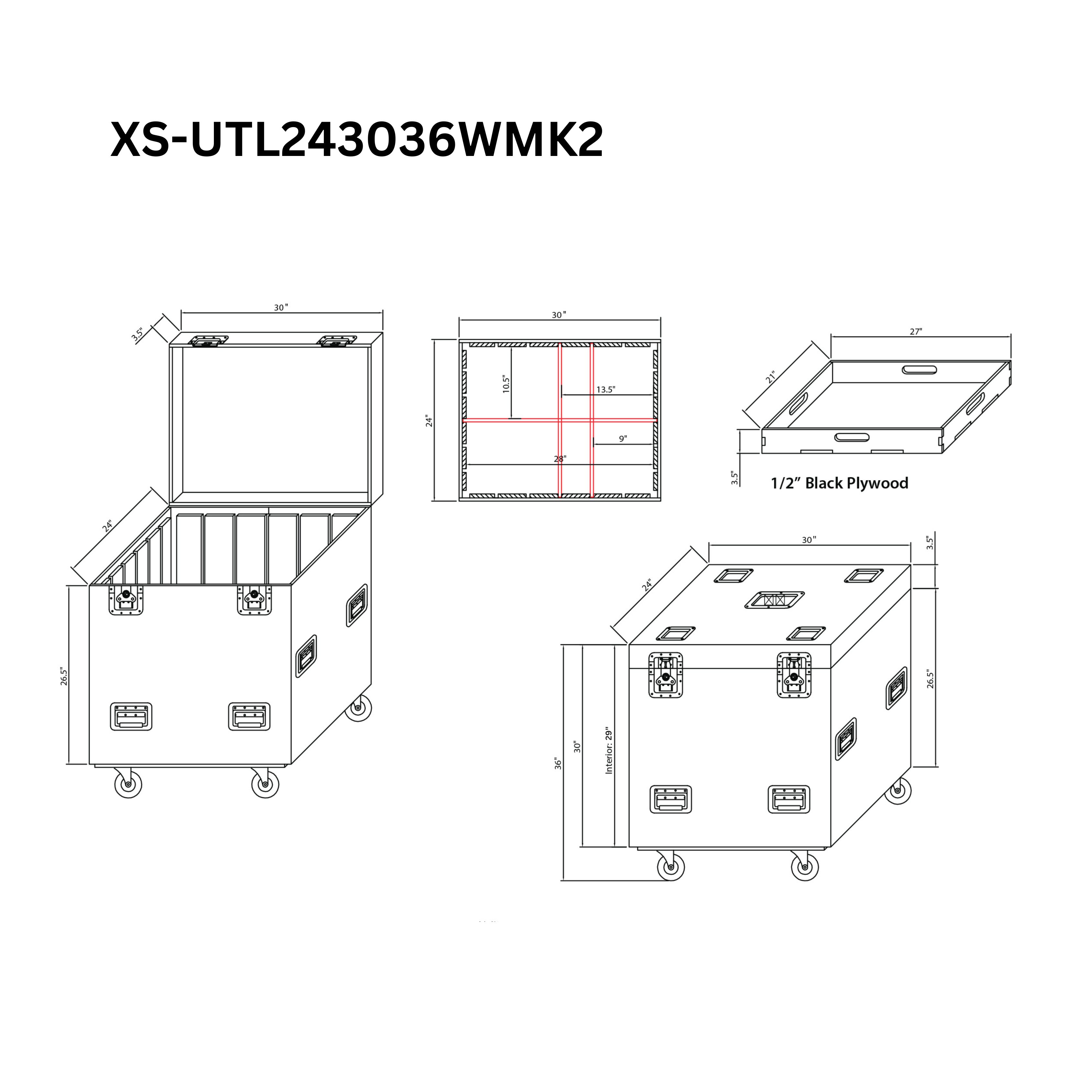 ProX TruckPax Utility ATA Flight Case Truck Storage Road Case with Dividers Tray and 4" in casters – 24"x30"x36" Ext