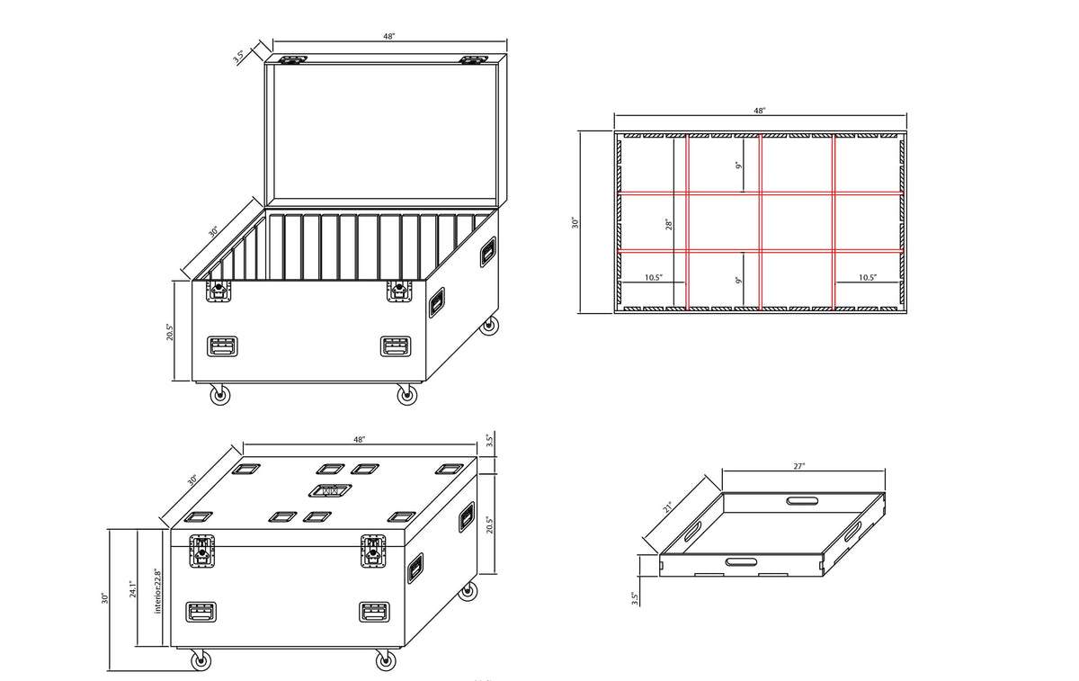 ProX TruckPax Utility ATA Flight Case Truck Storage Road Case with Dividers Tray and 4" in casters – 48"x30"x30" Ext.