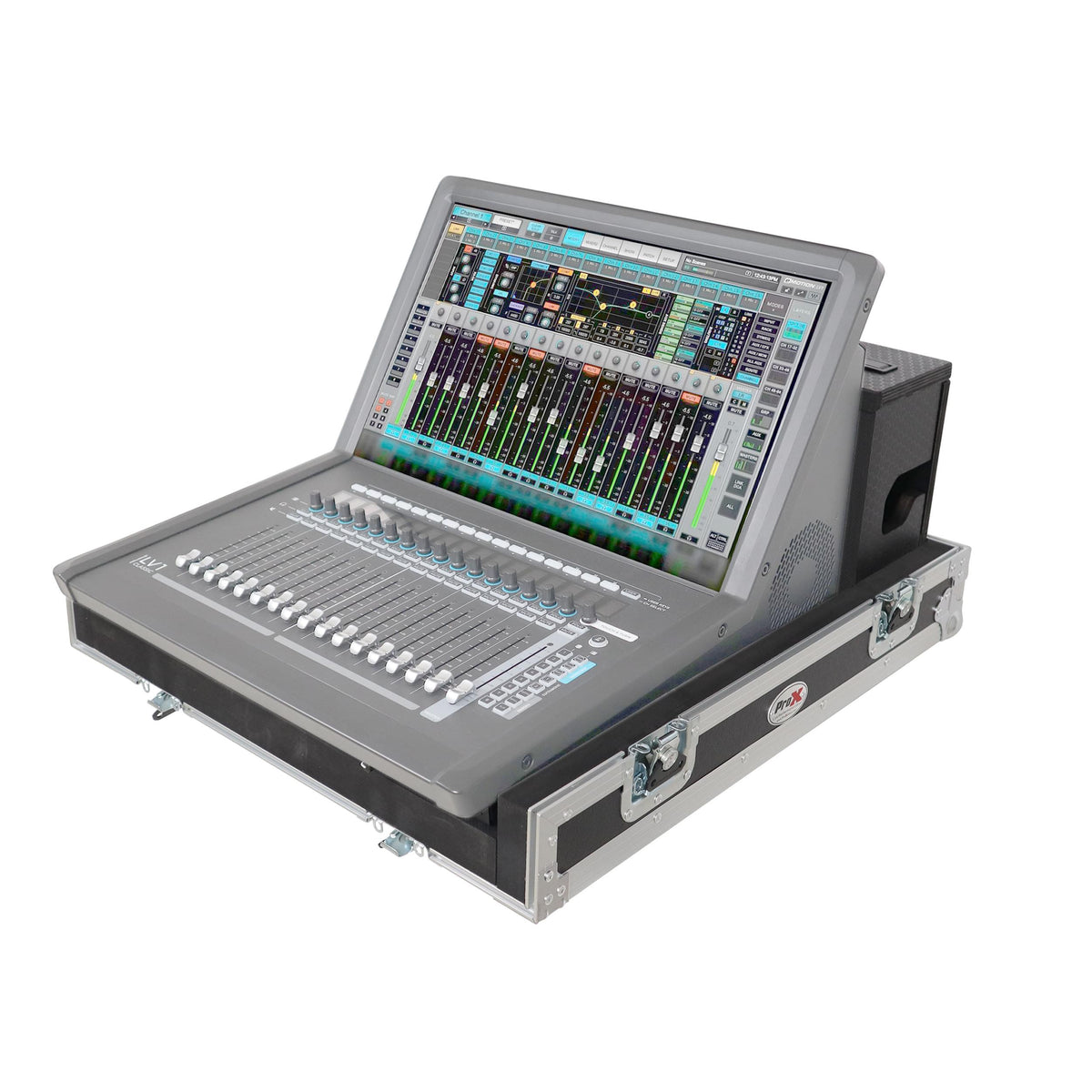 ProX ATA Digital Audio Mixer Flight Case for Waves eMotion LV1 Classic Console with Doghouse compartment and 4x Caster wheels.