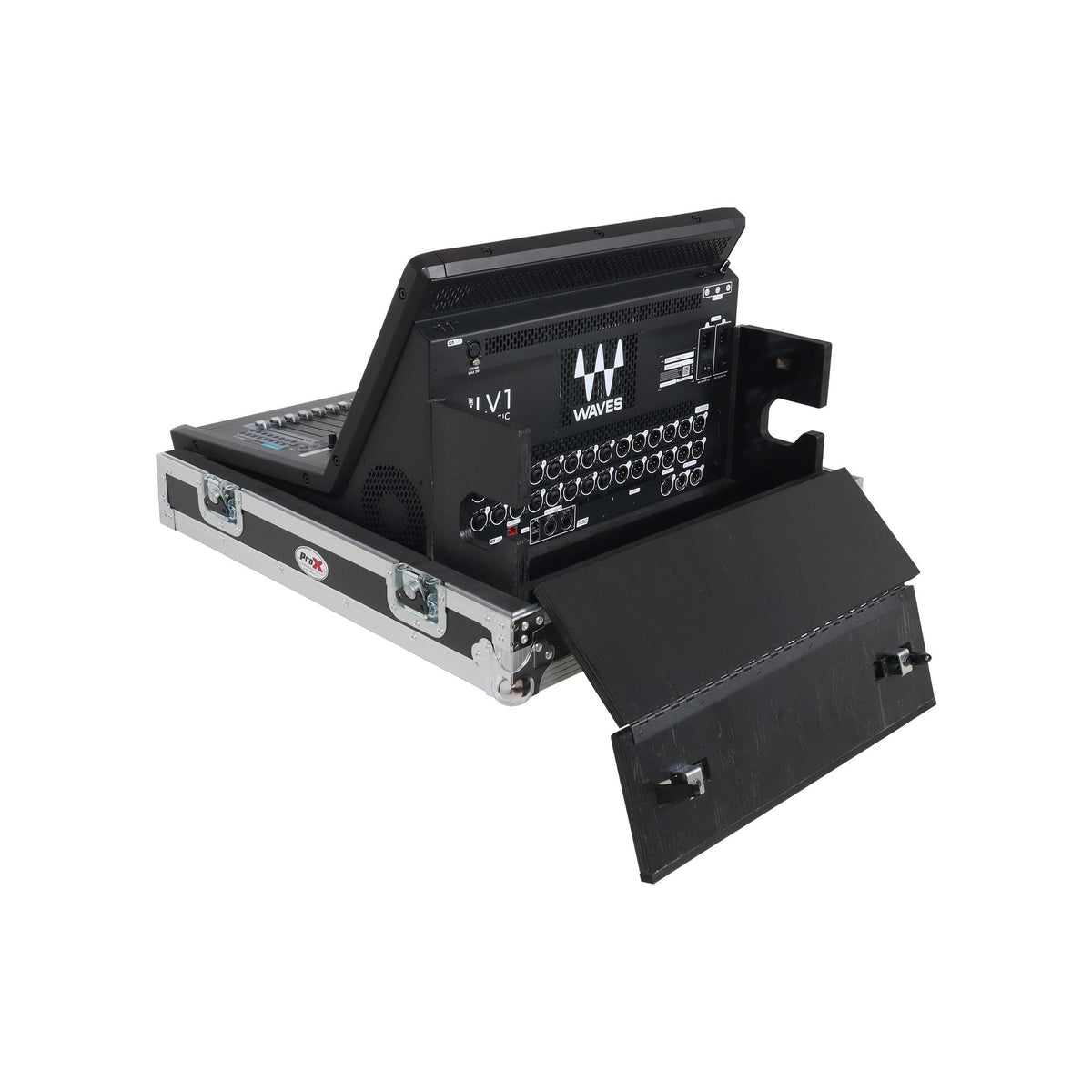 ProX ATA Digital Audio Mixer Flight Case for Waves eMotion LV1 Classic Console with Doghouse compartment and 4x Caster wheels.