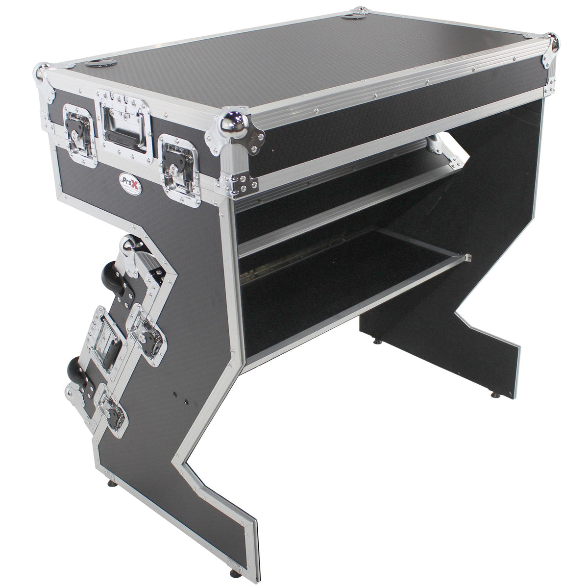 ProX Z-Table Jr Folding DJ Table Mobile Workstation Flight Case Style with Handles and Wheels.