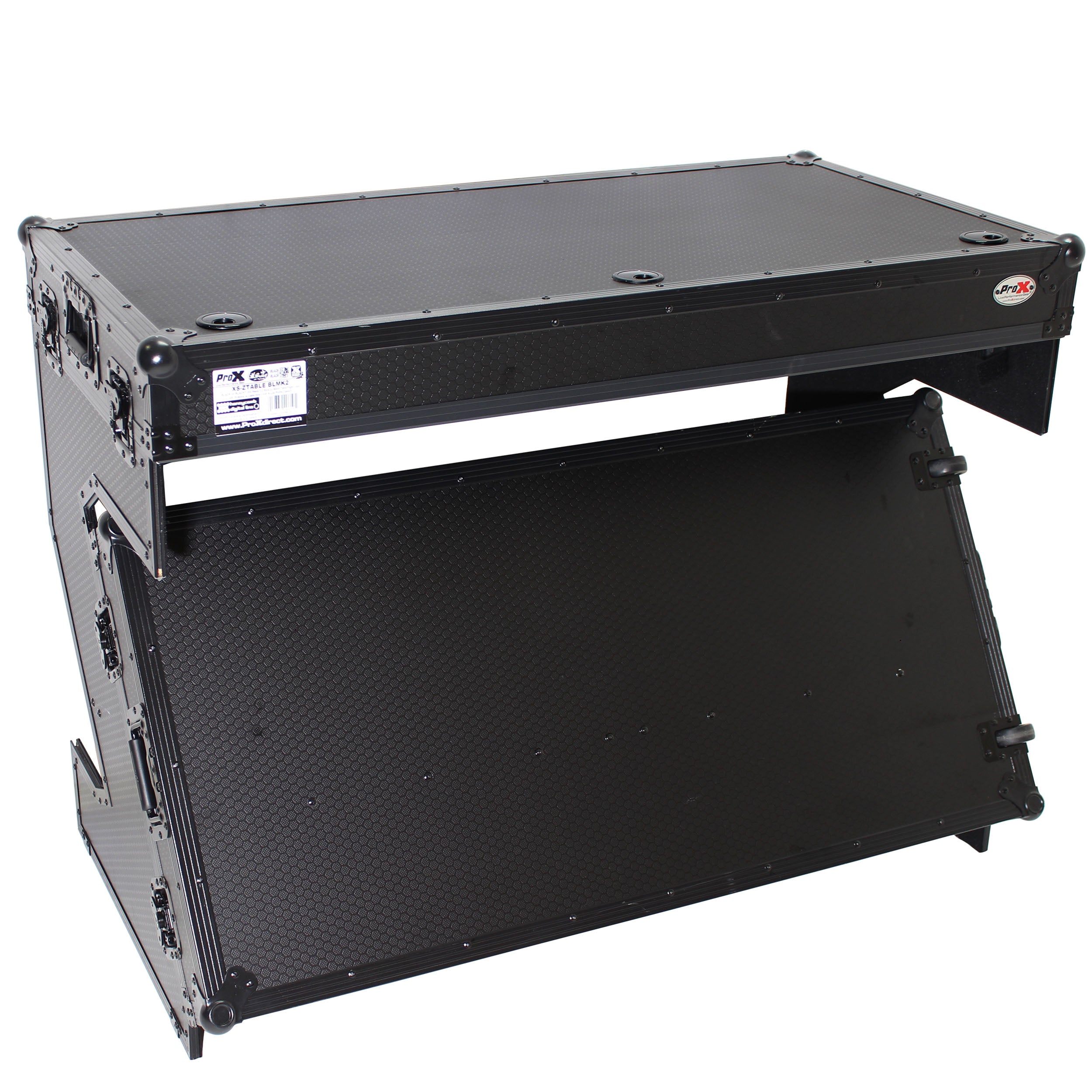 ProX DJ Z-Table™ Folding DJ Table Mobile Workstation Flight Case Style with Handles and Wheels - Black Finish.