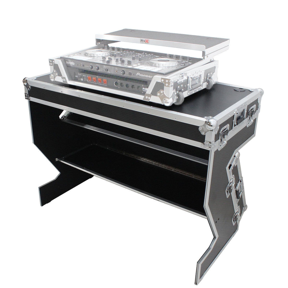 ProX Z-Table Folding DJ Table Mobile Workstation Flight Case Style with Handles and Wheels.