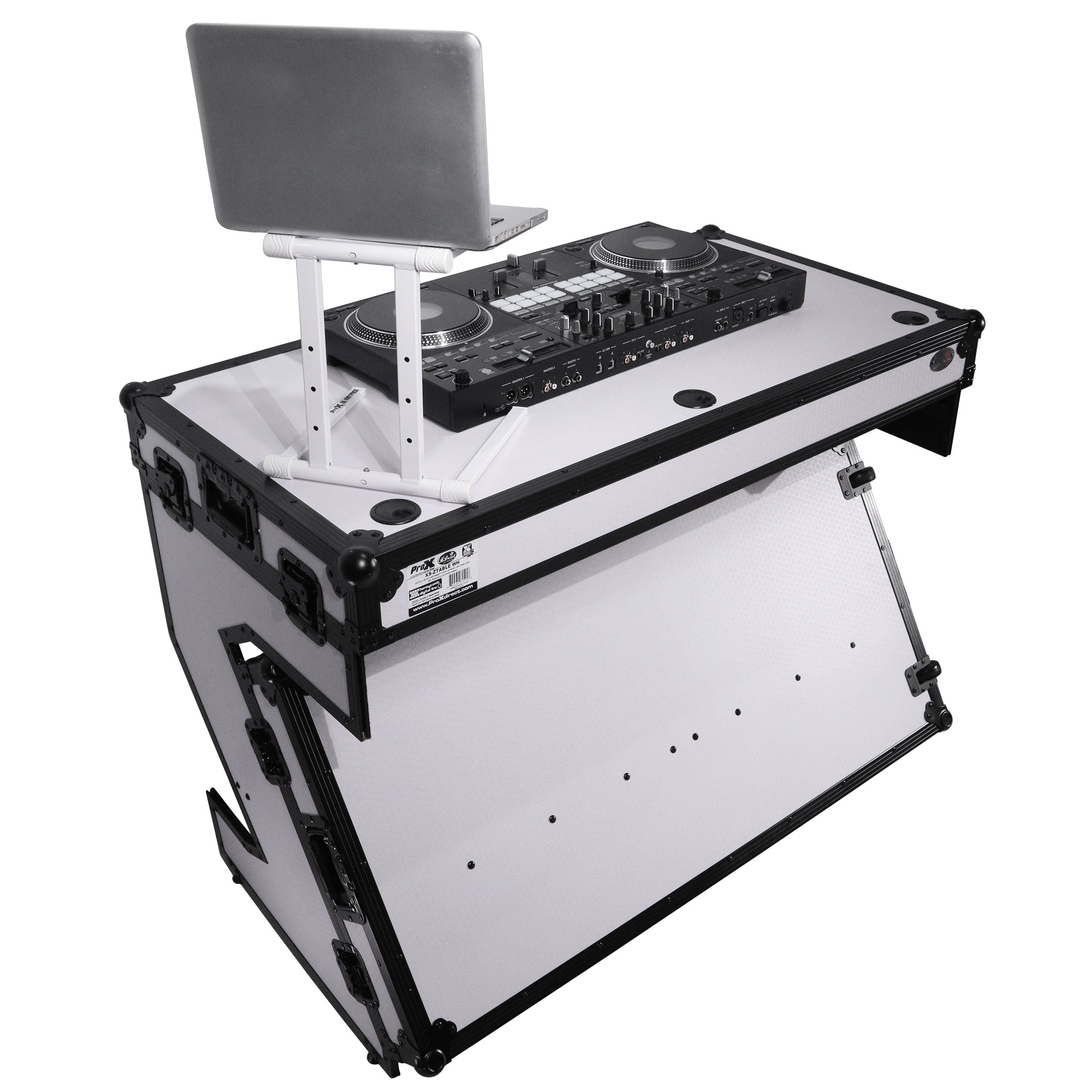 ProX Z-Table Folding DJ Table Mobile Workstation Flight Case Style with Handles and Wheels - Black White Finish