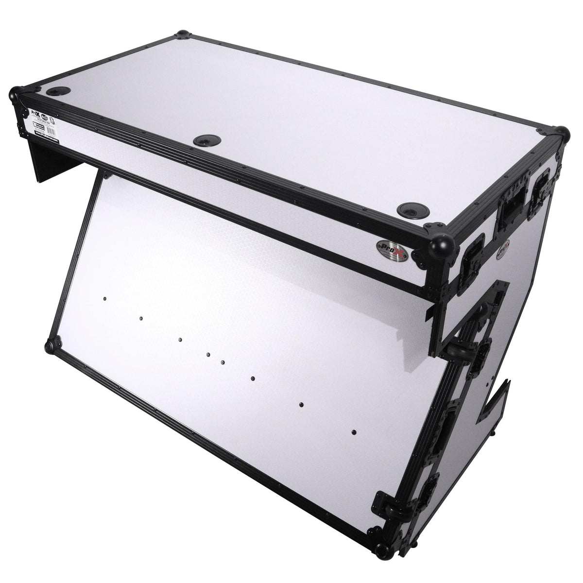 ProX Z-Table Folding DJ Table Mobile Workstation Flight Case Style with Handles and Wheels - Black White Finish.