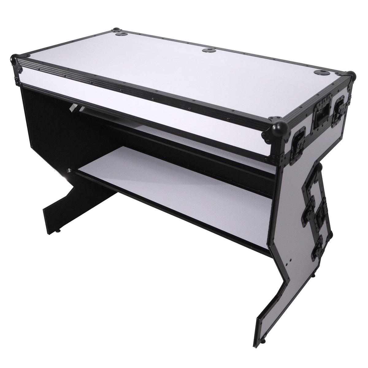 ProX Z-Table Folding DJ Table Mobile Workstation Flight Case Style with Handles and Wheels - Black White Finish.