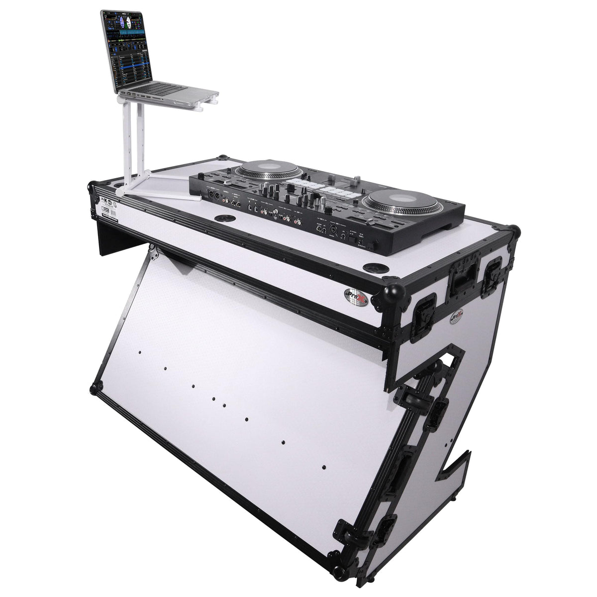 ProX Z-Table Folding DJ Table Mobile Workstation Flight Case Style with Handles and Wheels - Black White Finish.