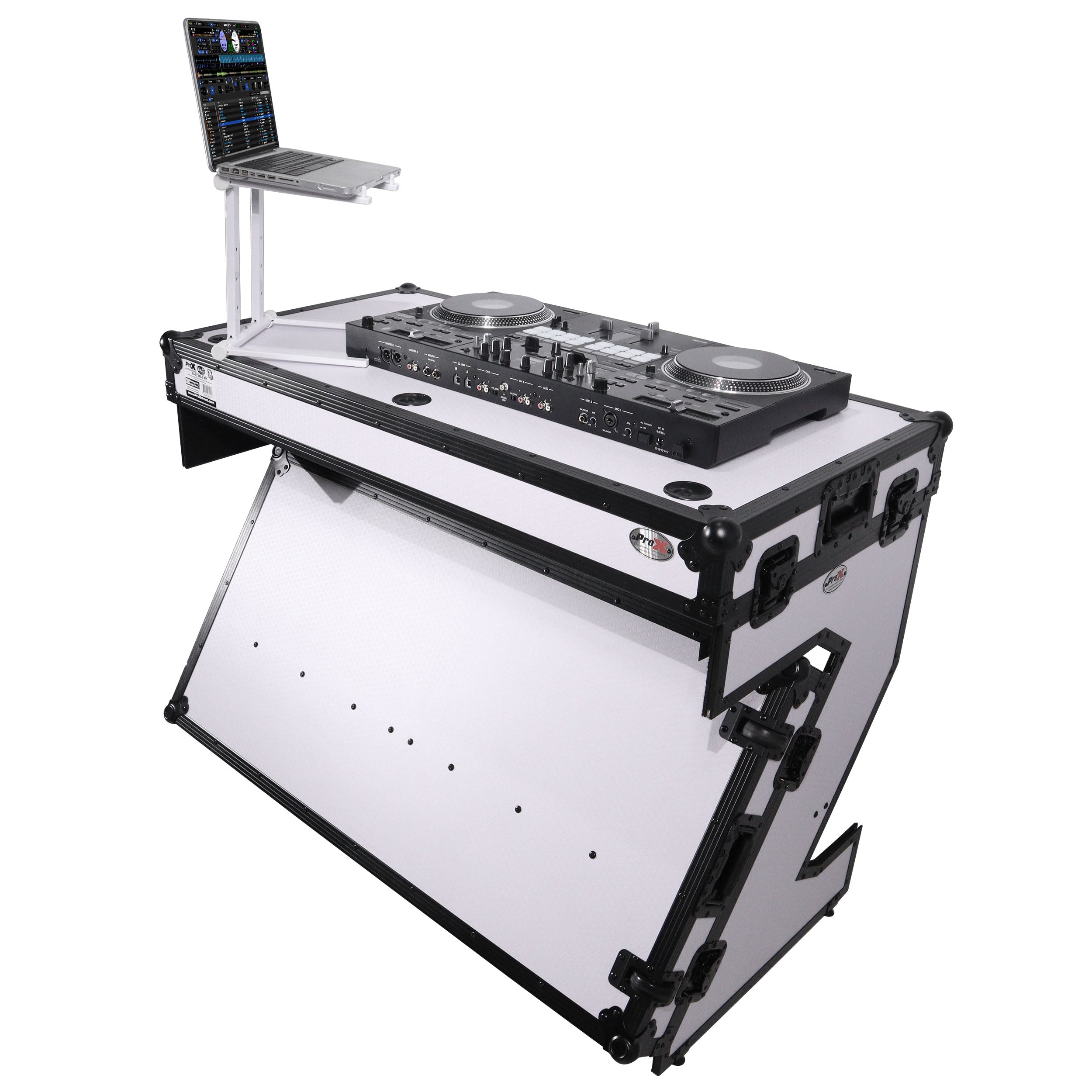 ProX Z-Table Folding DJ Table Mobile Workstation Flight Case Style with Handles and Wheels - Black White Finish