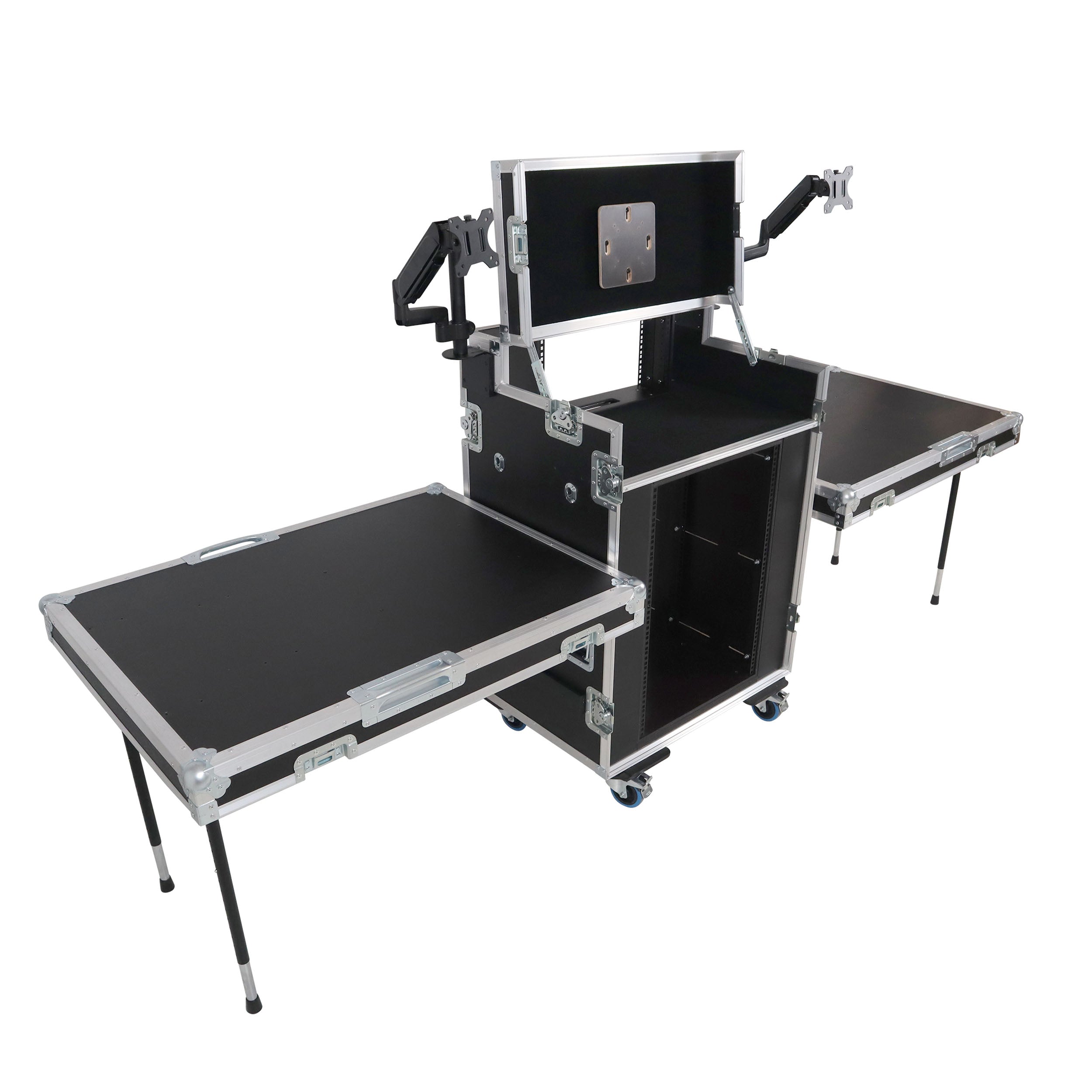 ProX Video Control Workstation Flight Case 16U + 5U Rack with Dual Side Tables & Triple Monitor Mount by Santosom