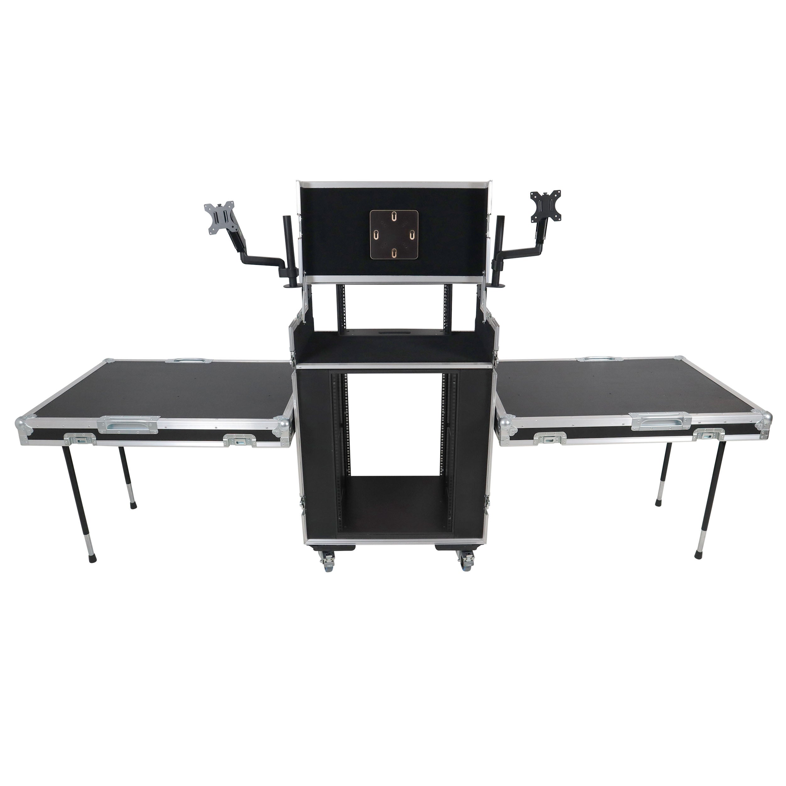ProX Video Control Workstation Flight Case 16U + 5U Rack with Dual Side Tables & Triple Monitor Mount by Santosom