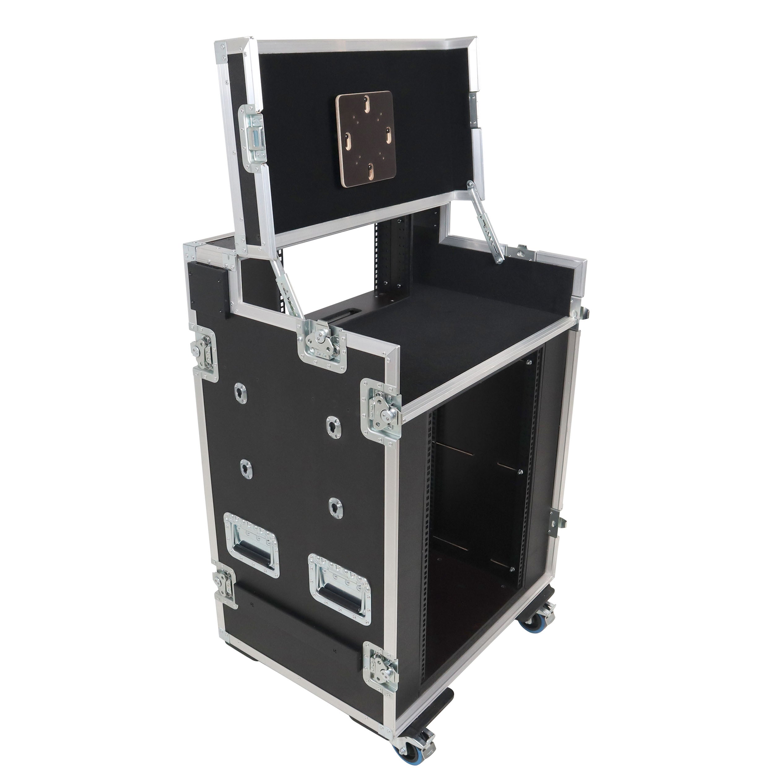 ProX Video Control Workstation Flight Case 16U + 5U Rack with Dual Side Tables & Triple Monitor Mount by Santosom