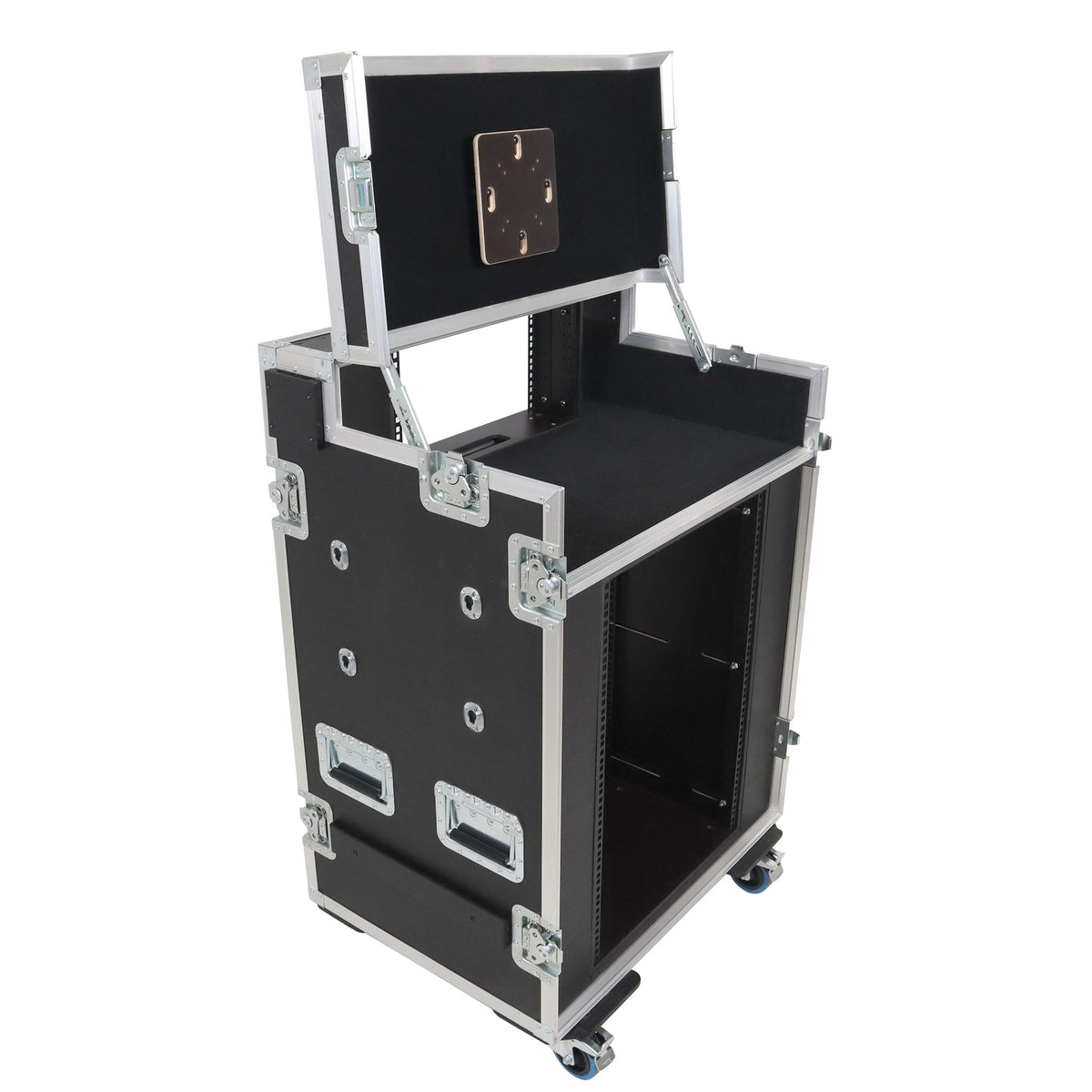 ProX Video Control Workstation Flight Case 16U + 5U Rack with Dual Side Tables & Triple Monitor Mount by Santosom.
