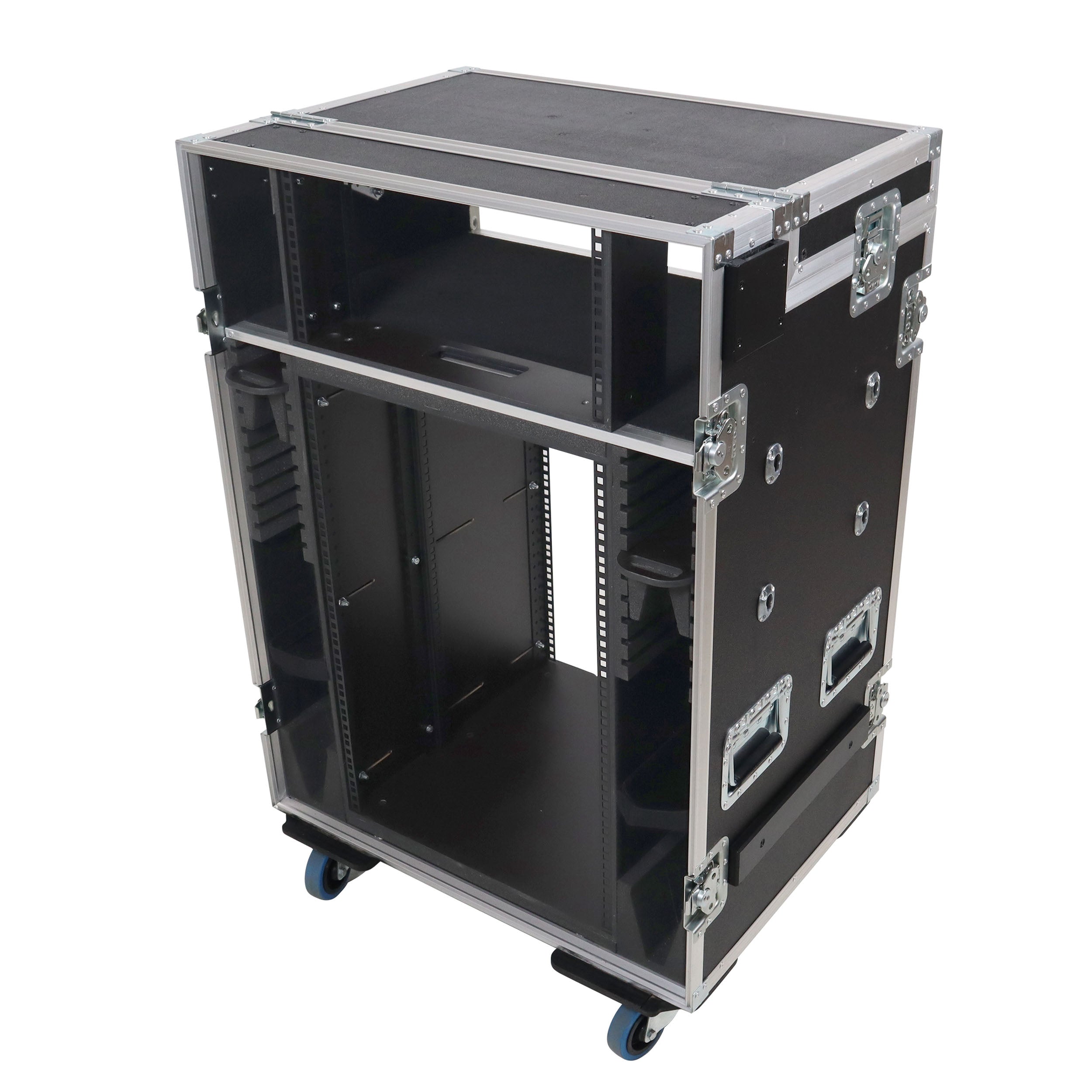 ProX Video Control Workstation Flight Case 16U + 5U Rack with Dual Side Tables & Triple Monitor Mount by Santosom