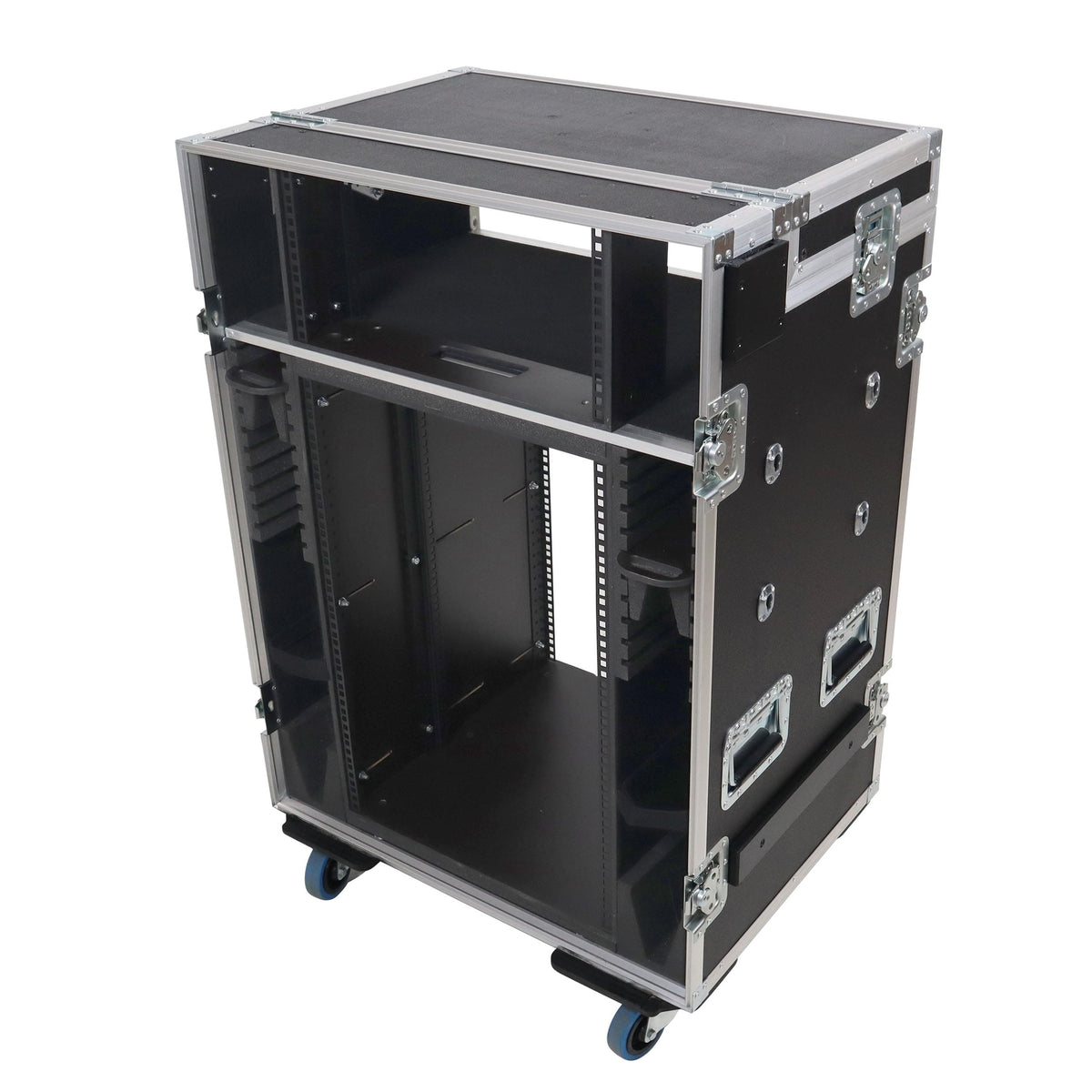 ProX Video Control Workstation Flight Case 16U + 5U Rack with Dual Side Tables & Triple Monitor Mount by Santosom.