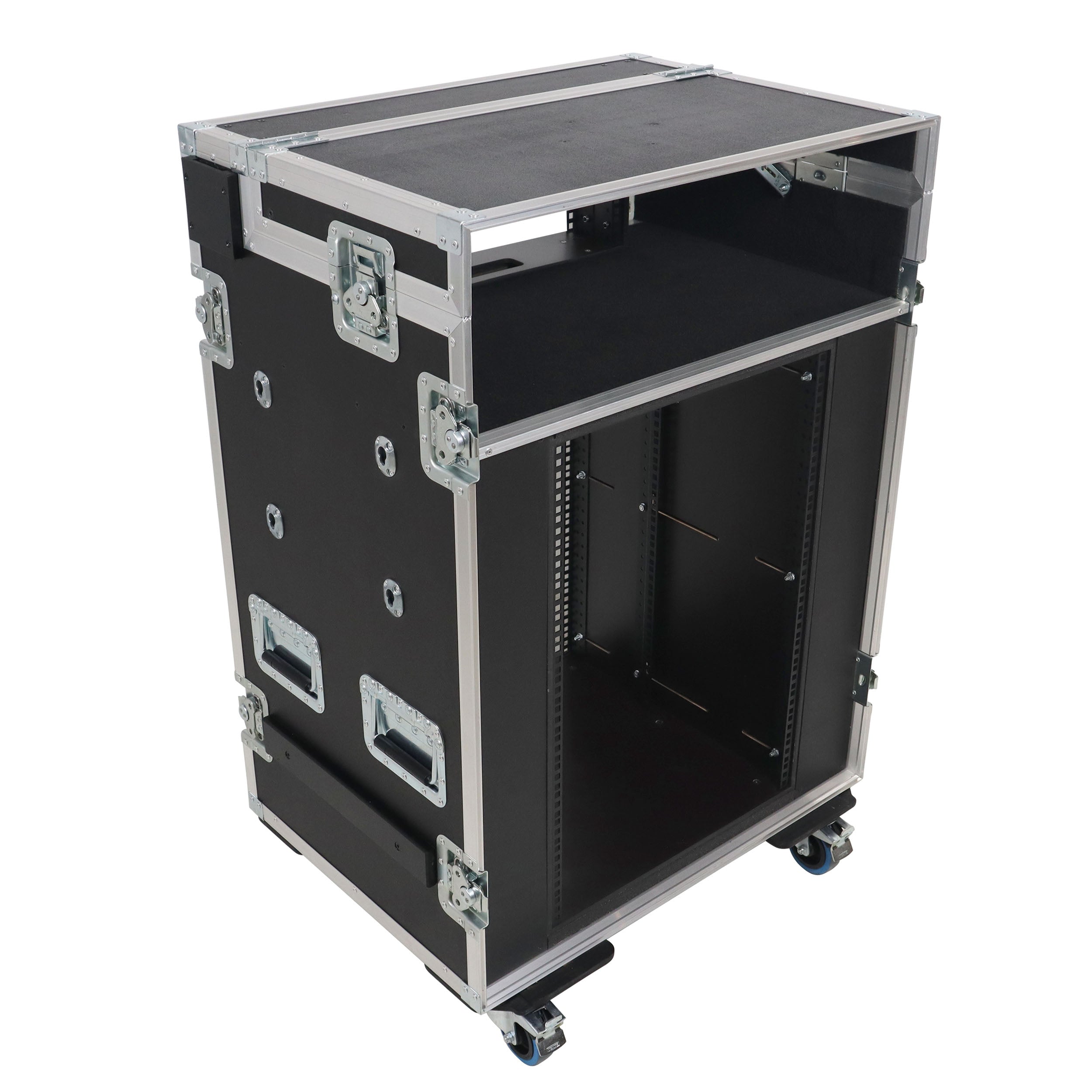 ProX Video Control Workstation Flight Case 16U + 5U Rack with Dual Side Tables & Triple Monitor Mount by Santosom