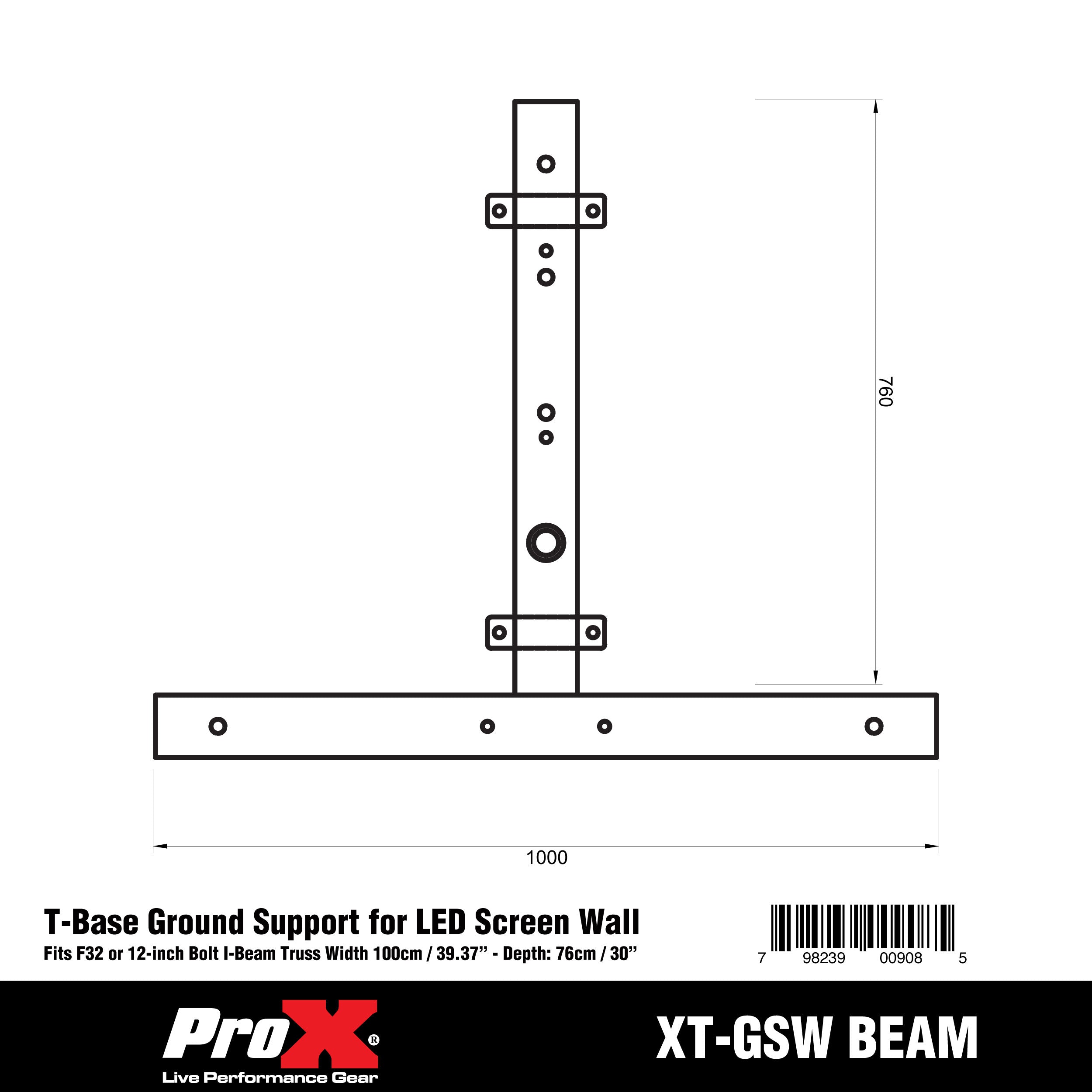 ProX Ground Support Stabilizing 1M / 3.28ft T-Base for LED Screen Wall Stacking for I-Beam F32 or12" Bolted I-Beam Truss Segments