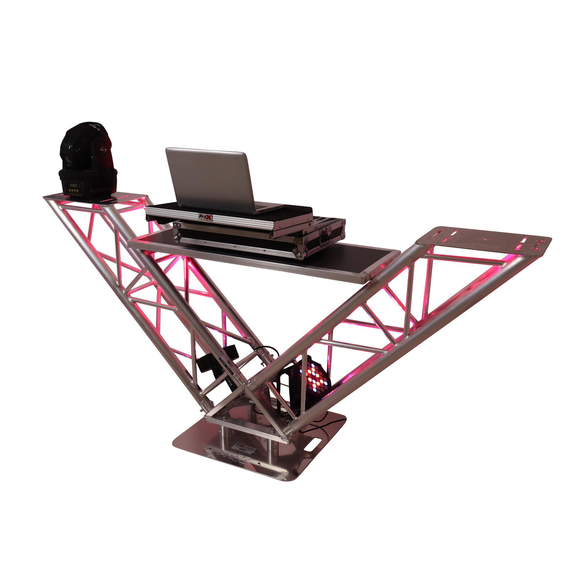 ProX VERRAZANO V-Shape Aluminum Truss DJ Table with Elevated Monitor Shelves and 24" Base Plate.