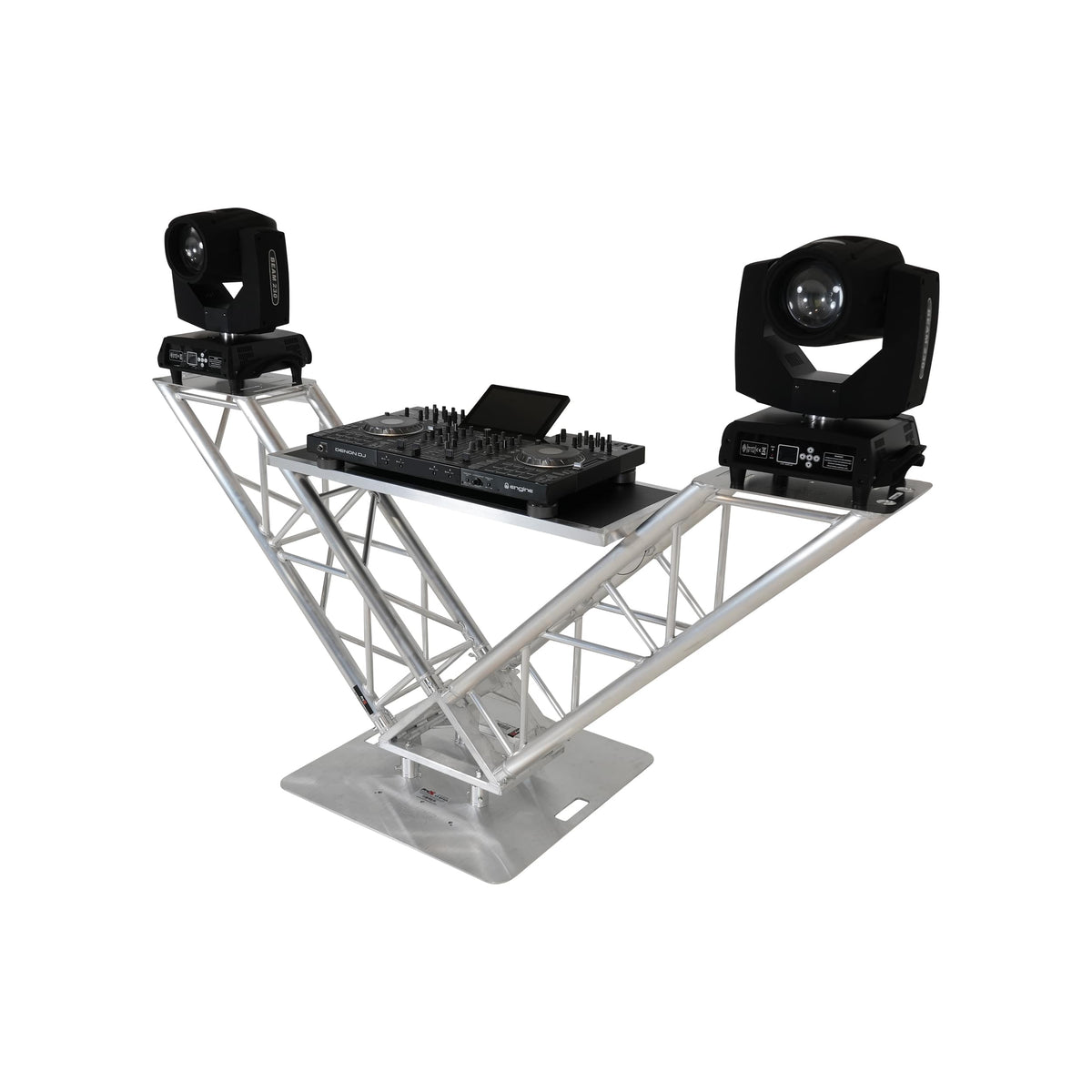 Mesa de DJ ProX VERRAZANO de armadura de aluminio en forma de V con estantes elevados para monitores y placa base de 30"