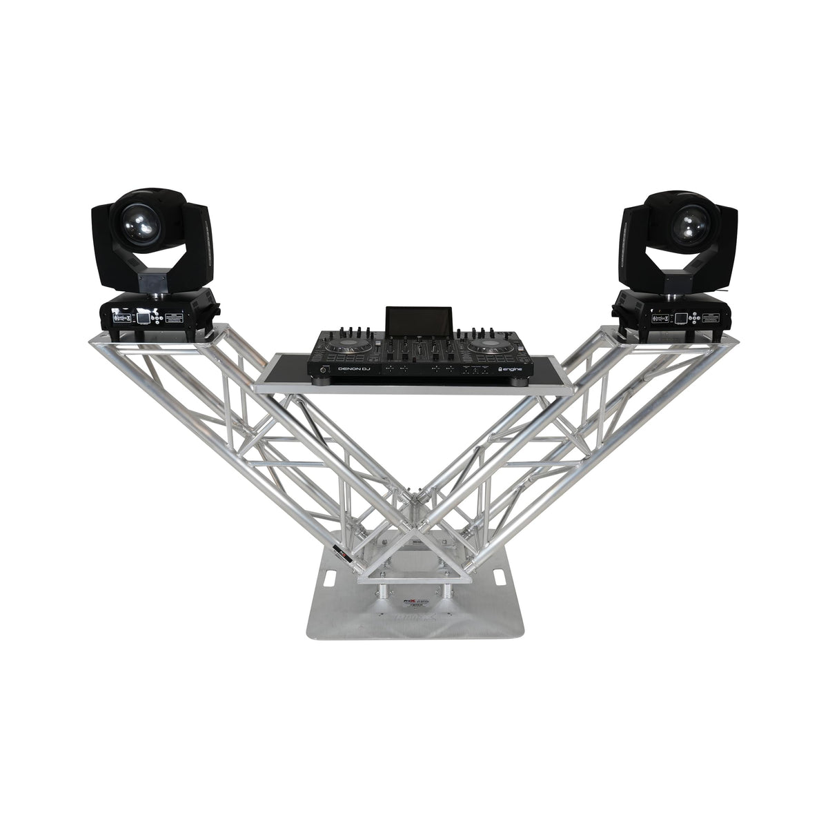 Mesa de DJ ProX VERRAZANO de armadura de aluminio en forma de V con estantes elevados para monitores y placa base de 30"