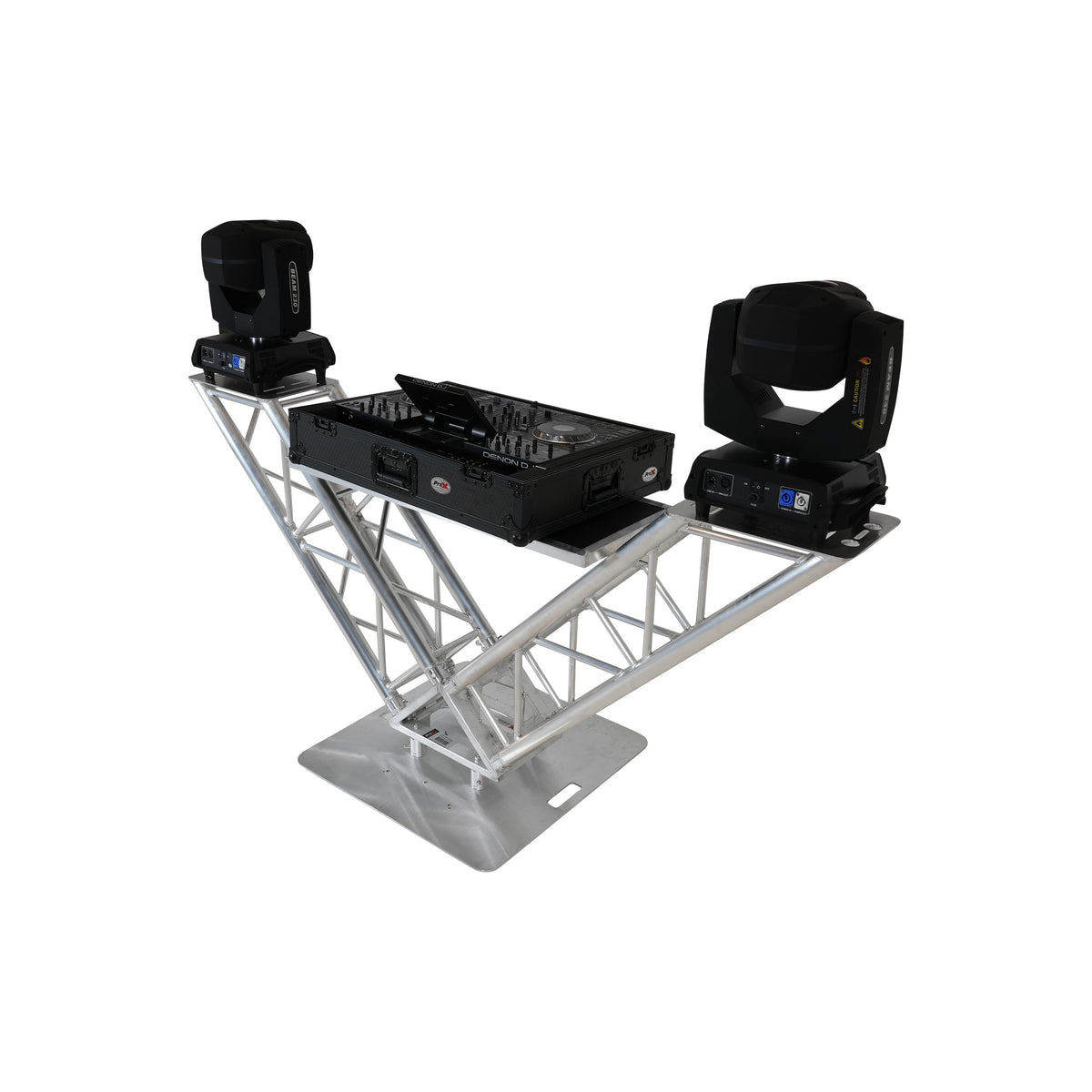 Mesa de DJ ProX VERRAZANO de armadura de aluminio en forma de V con estantes elevados para monitores y placa base de 30"