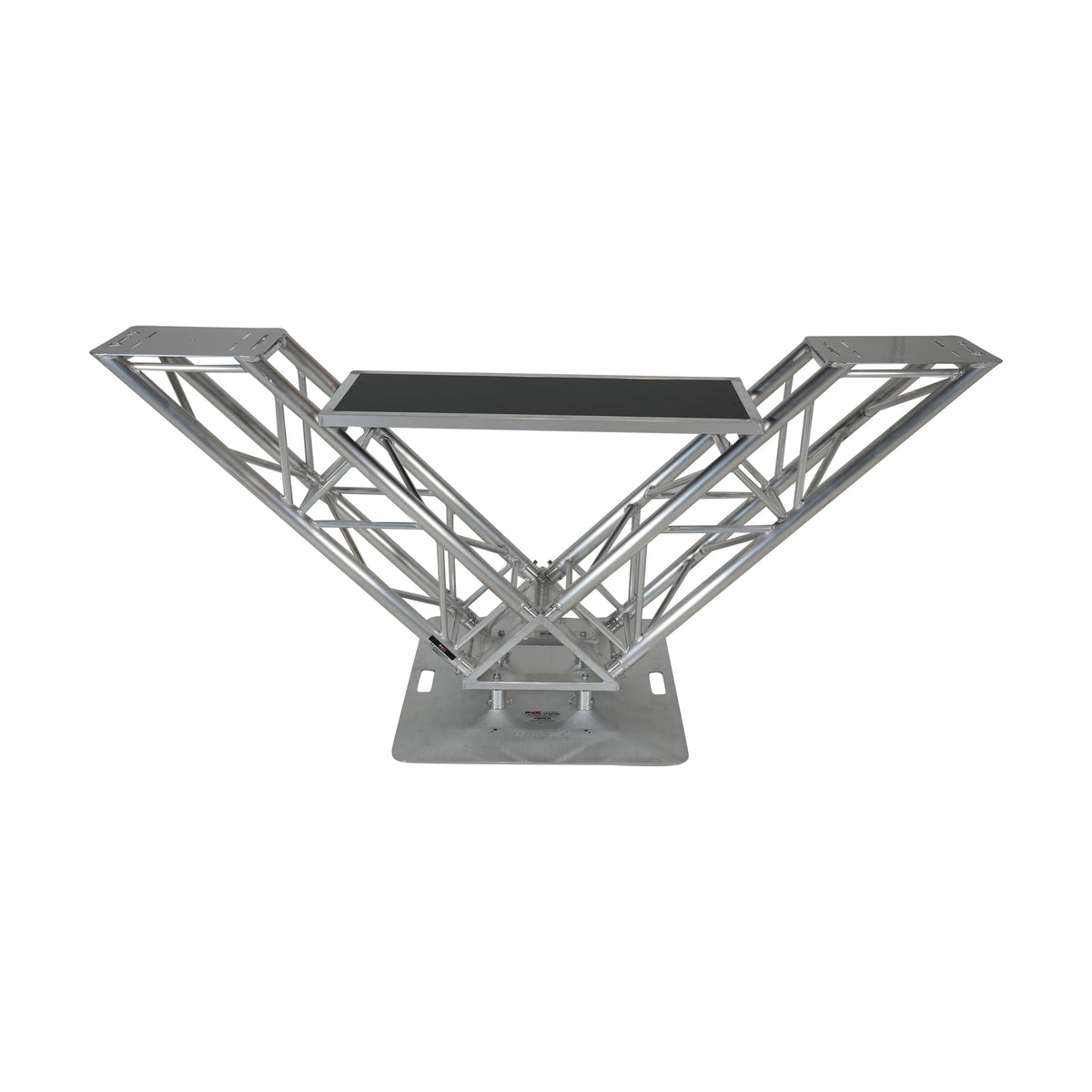 Mesa de DJ ProX VERRAZANO de armadura de aluminio en forma de V con estantes elevados para monitores y placa base de 30"