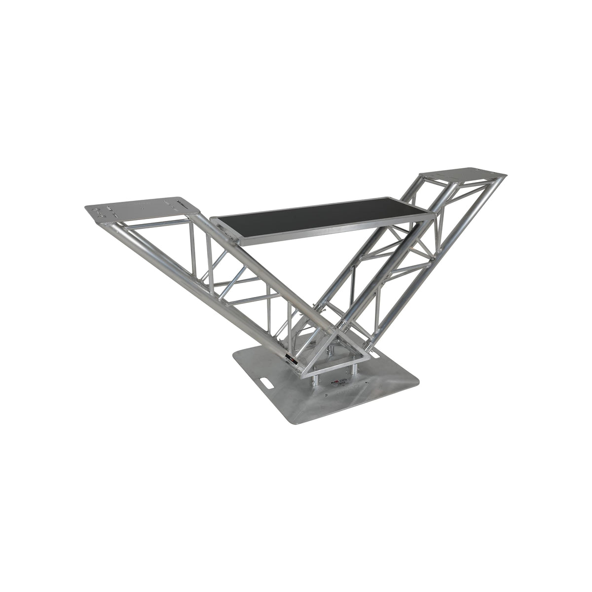 Mesa de DJ ProX VERRAZANO de armadura de aluminio en forma de V con estantes elevados para monitores y placa base de 30"